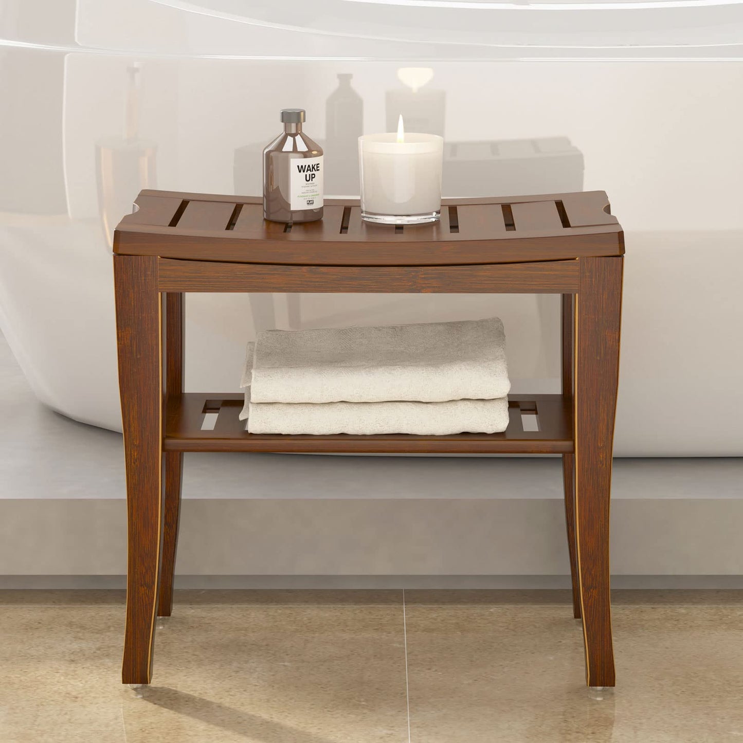 SogesHome Bamboo Shower Bench, Shower Caddies Foot Rest with Storage Shelf for Shampoo Towel, Ideal for Bathroom/Living Room/Bedroom, Dark Brown