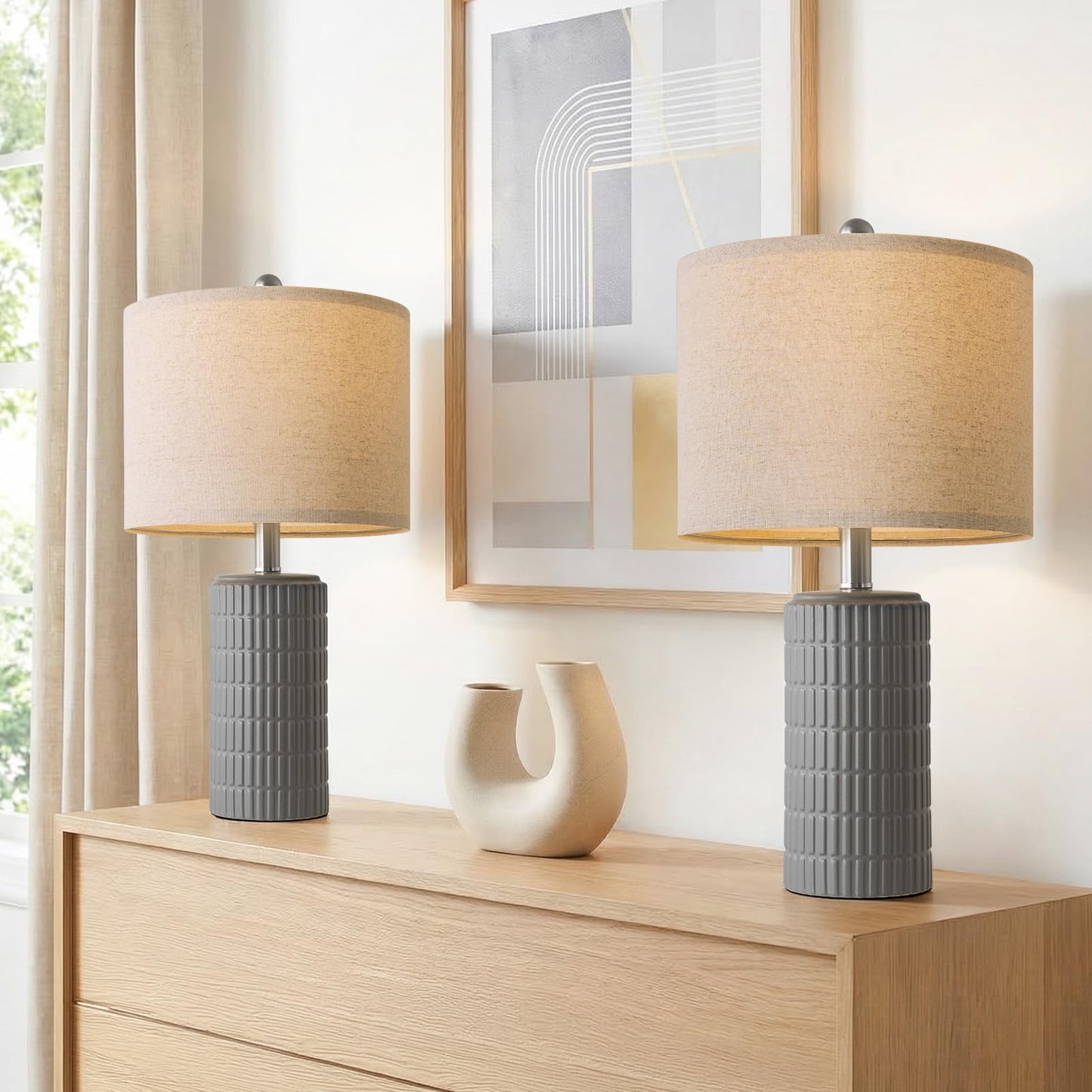 PoKat 20.75'' Ceramic Small Table Lamps for Bedroom, Modern Dark Gray Bedside Lamps Set of 2, Farmhouse Lamps for Living Room with Linen Lampshade for Night Stands Guest Room Side End Table Console