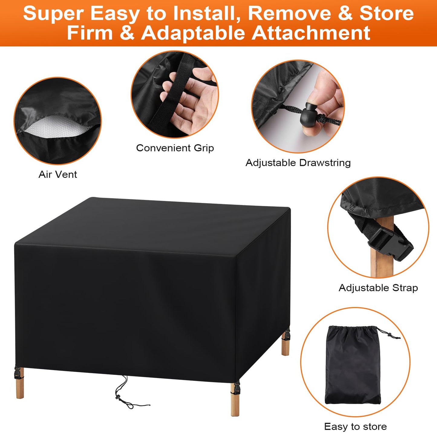 Cisvio Patio Furniture Cover Rectangle 111"(L) x 74"(W) x 30"(H), Custom Heavy Duty 420D Waterproof Outdoor Cover with Drawstring & Buckles for Table Chair Garden, Black