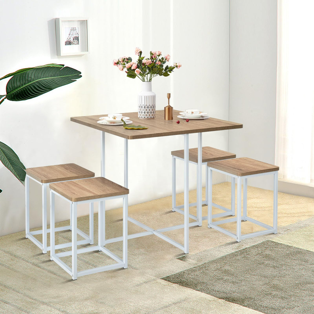 Giantex 5 Piece Dining Table Set, Dining Set for 4 with Square Stools, Small Kitchen Table Set with Metal Frame, Compact Design for Small Space, Home Kitchen Bar Pub Apartment
