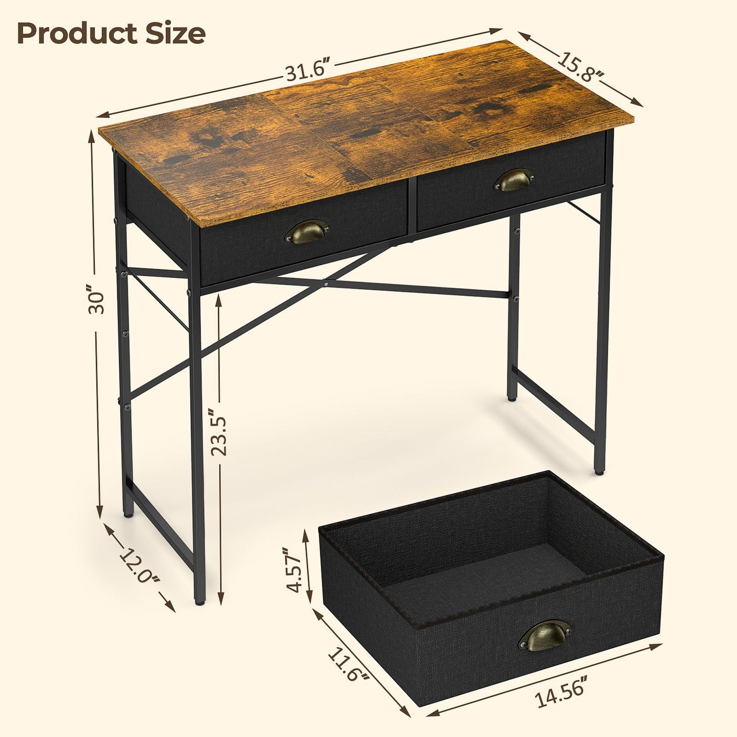 DAOUTIME Small Writing Desk for Kids Bedroom, 31.5 Inch Computer Desk for Small Spaces, Simple Desk with 2 Fabric Drawers for Home Office, Dorm, Living Room, Home Study Table, Rustic Brown