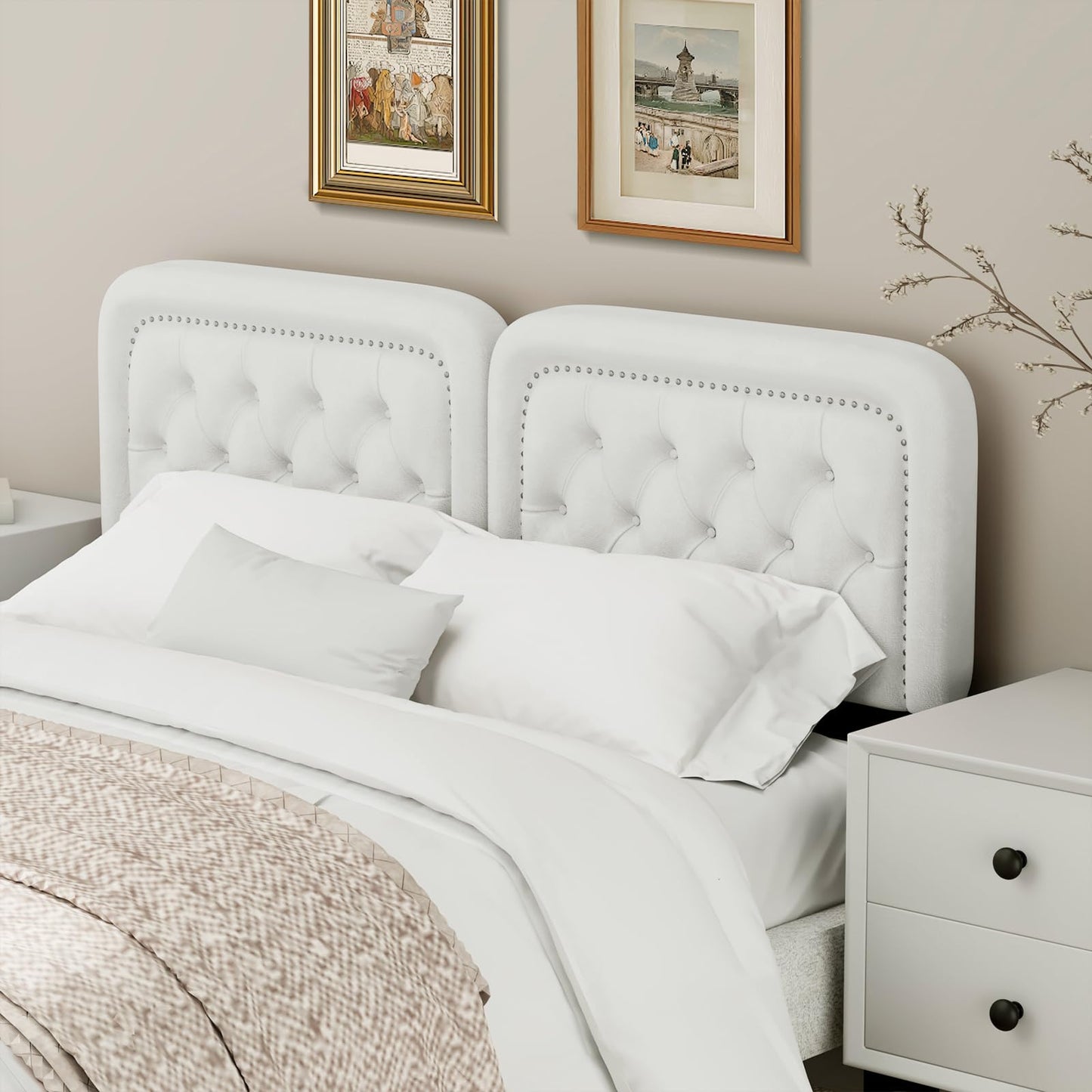 Beyetsea Tufted Upholstered Headboard Queen Size, Button Adjustable Height Queen Head Board Only, Sturdy and Durable Solid Wood with Nailhead Trim Headboards, Ideal for Bedroom, Dorm, Guest Room,Beige