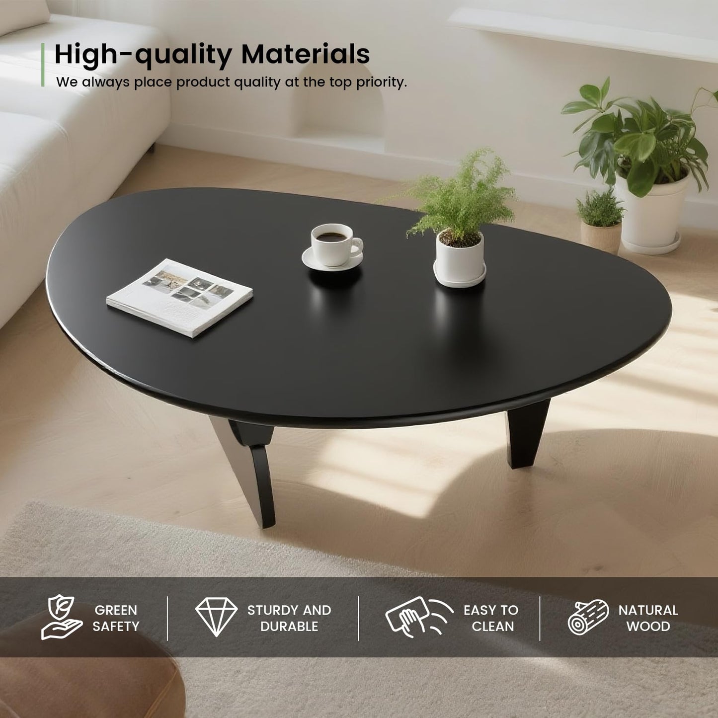 Solid Wood Triangle Coffee Table,Unique Mid Century Modern Oval Coffee Table,Irregular Geometric Tea Tables for Home Living Room with Wooden Tabletop and Reinforced (Black2, 43" L x 31" W x 16" H)