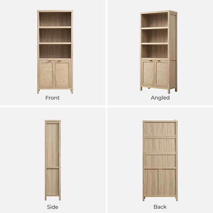 SICOTAS Bookcase 71" Tall Bookshelf 5 Tier Rattan Boho Bookcase