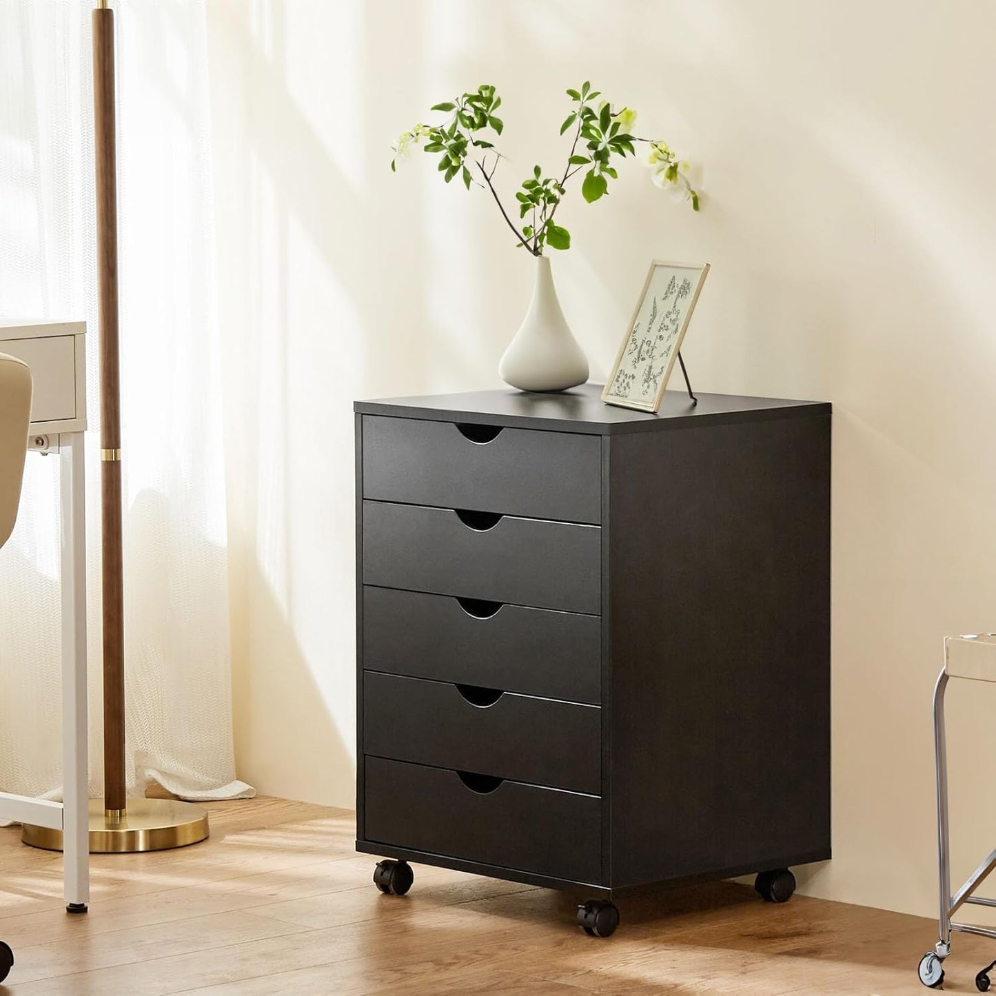 Alpen 5 Drawer Mobile File Cabinet Under Desk Storage Organization with Wheels Vertical Filing Chest Rolling Wood Small Desk Printer Stand for Home Office, Black