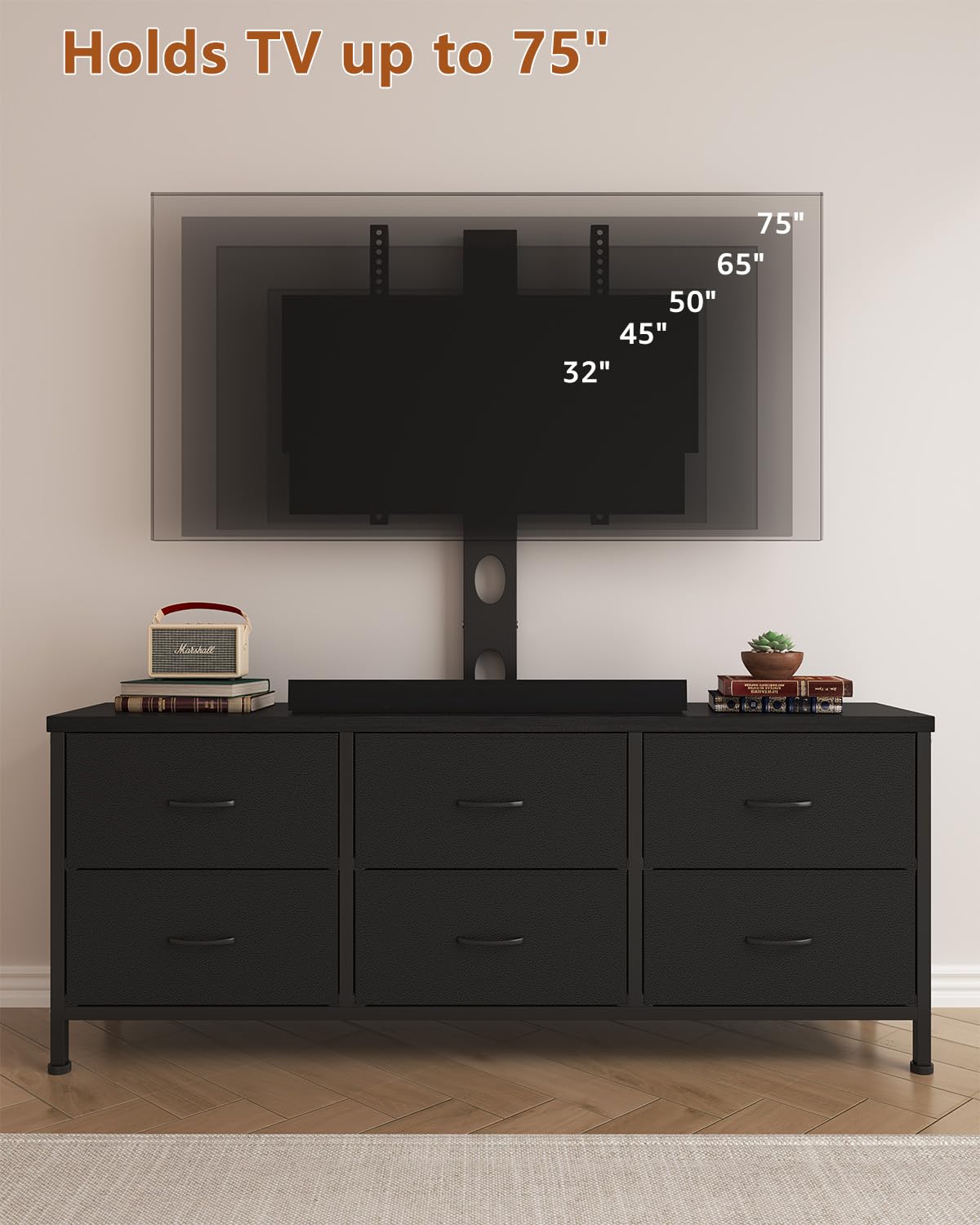 DrawXynth TV Stand with Mount, Fabric Dresser with 6 Drawers for 32/45/55/60/65/75 inch TVs, Black Dresser Entertainment Center, Modern Media TV Console Table