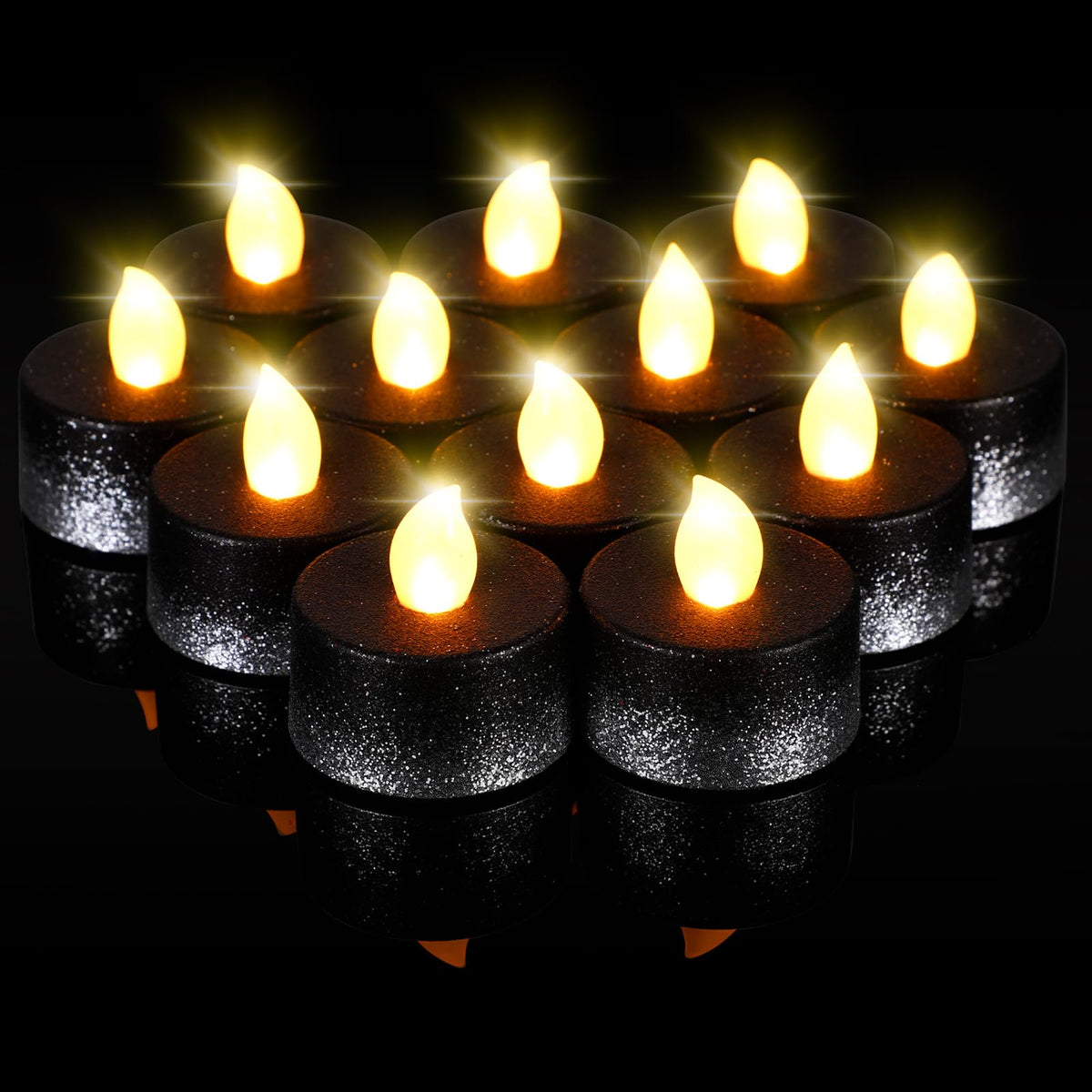 Retisee 48 Pcs Flameless LED Tea Lights Glitter Electric Fake Candles for Centerpieces Battery Operated Anniversary Decorations Romantic Winter Decor for Wedding Christmas Birthday(Black Silver)