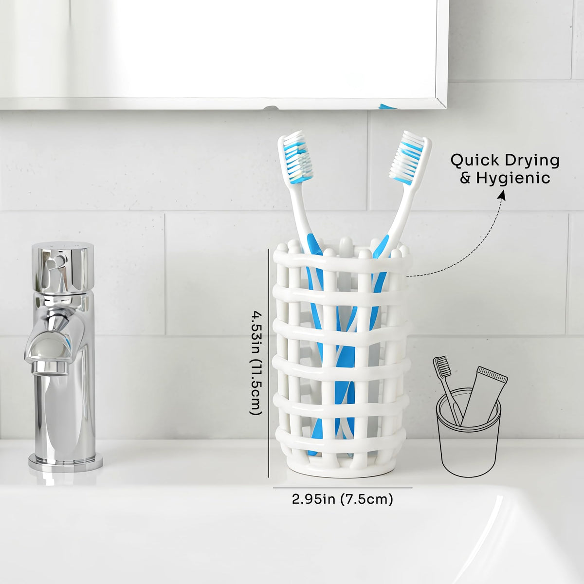 DODAMOUR Ceramic Toothbrush Holder, Boho Woven Grid Bathroom Cup, Breathable Openwork Makeup Brush Organizer, Modern Lattice Stand for Vanity Countertop, Toothpaste Storage - White