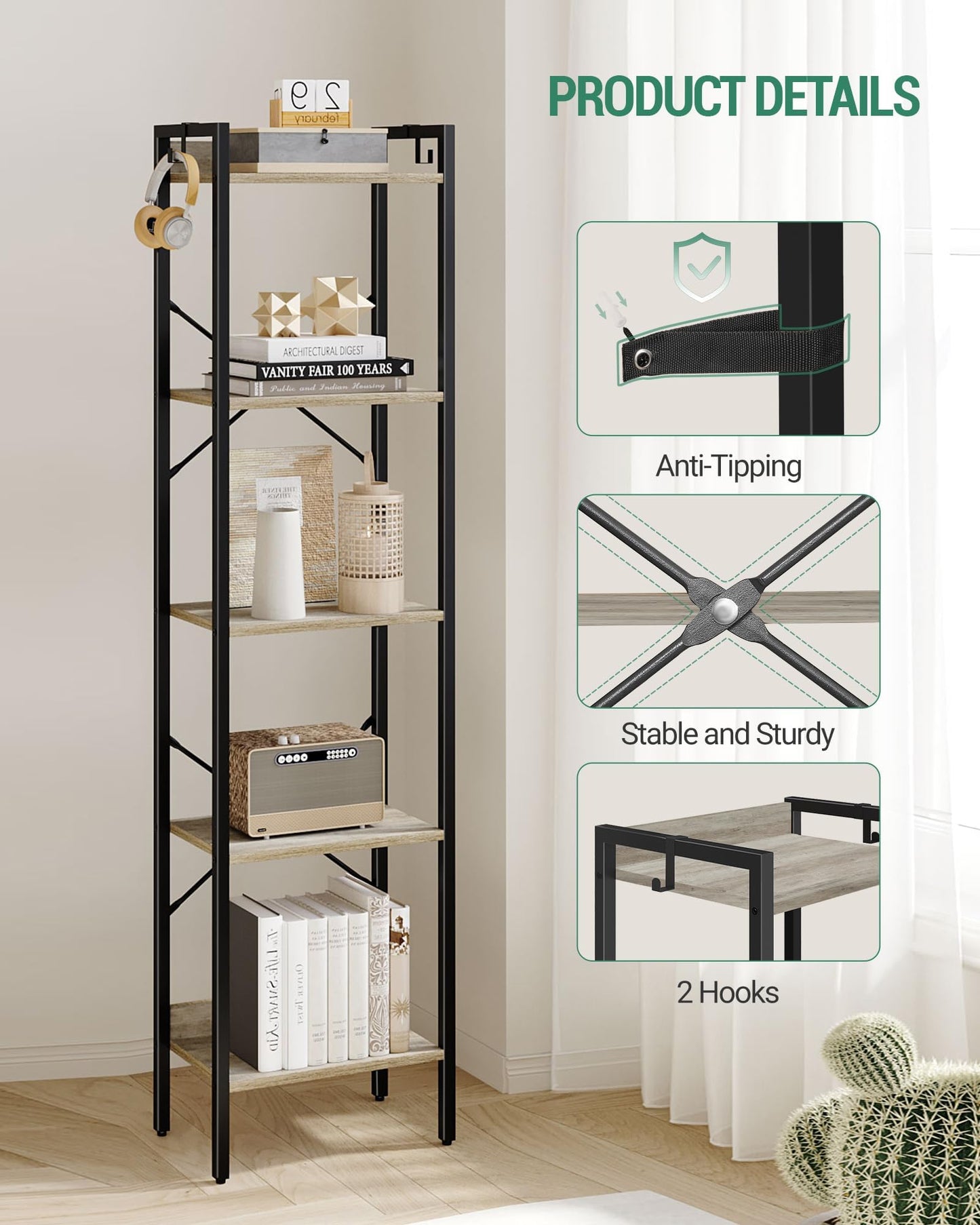 Hzuaneri Bookshelf, Book Shelf, Industrial Bookcase with 2 Hooks, Coner Shelf Storage Organizer for Home Office, Living Room, Bedroom, Kitchen, 5-Tier Greige BC10505B