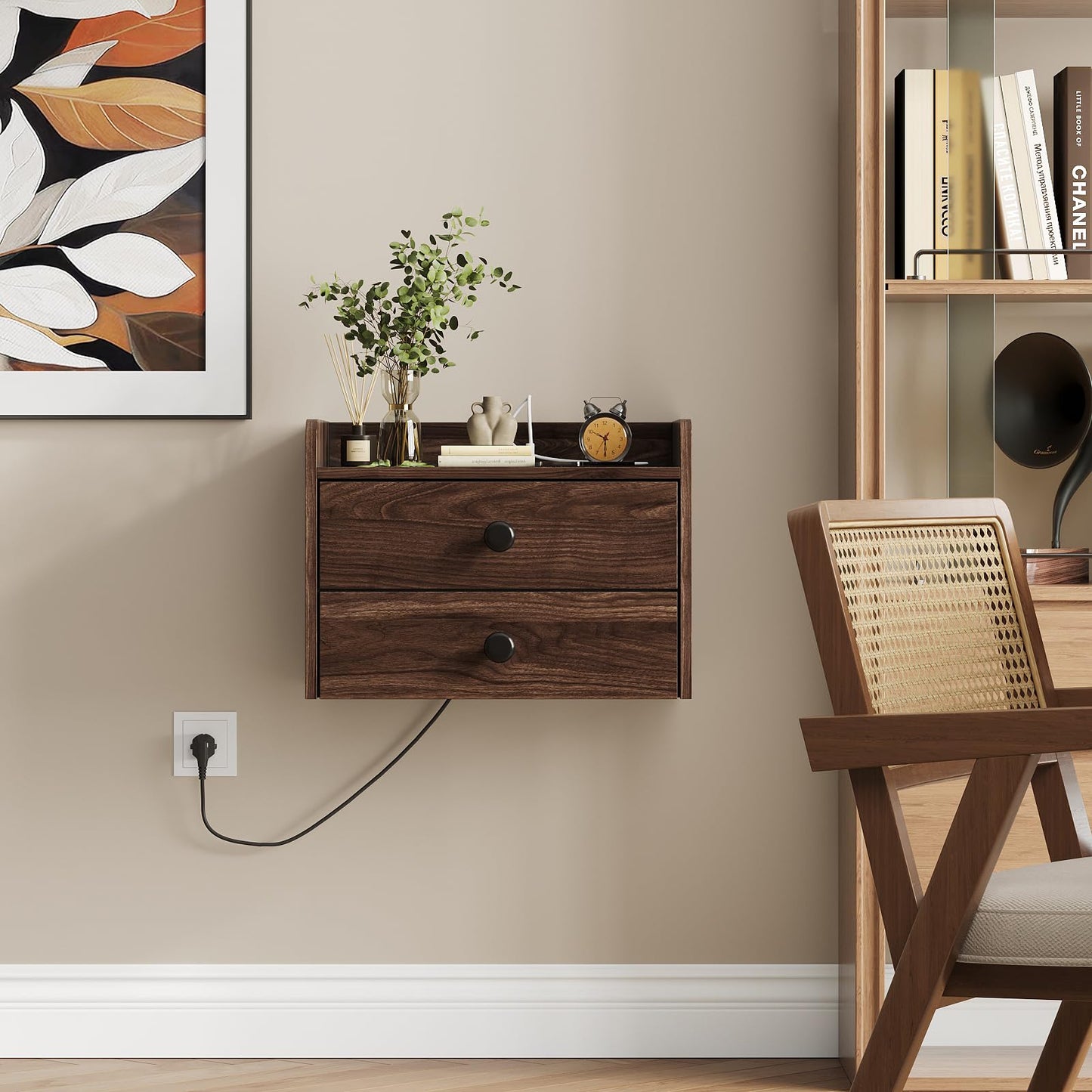 Floating Nightstand Set of 2 with 2 Storage Drawers and Charging Station Wood Wall Mounted Bedside End Table Modern Night Stands Set 2 for Bedroom,Small Space,Brown Walnut