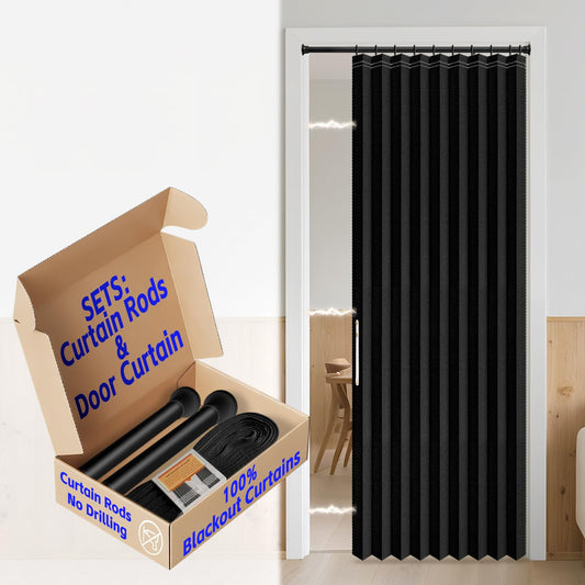AJAZZ Blackout Sliding Door Curtains for Doorways with Curtain Rods Included, Accordion Doors Magnetic Door Curtain for Bedroom Living Room Doorway Curtain Sets (1 Pack, 42 W x 78 L,Black)