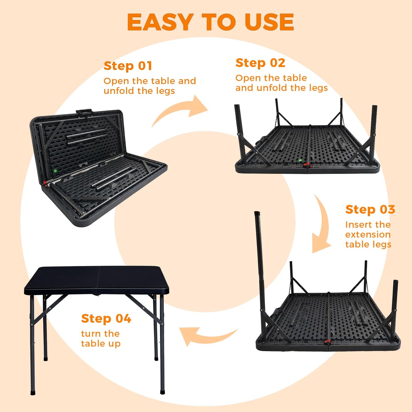 Vampire Killer 34" Square Folding Table, Portable Folding Card Table with Collapsible Legs & Carrying Handle, Plastic Tables for Camping,Picnic, Office, Party,Black