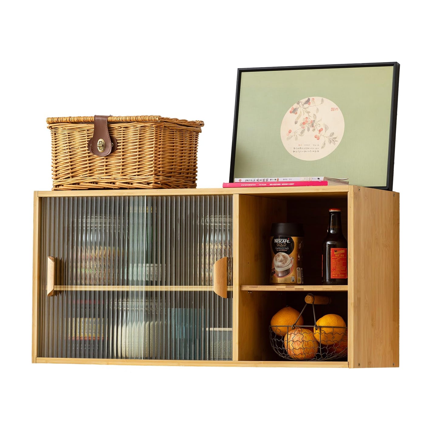 Tiita Small Kitchen Pantry Cabinet, Bamboo Wall Sideboard with Glass Doors, Cupboard Food Pantry Cabinet for Kitchen, Living Room and Dinning Bedroom