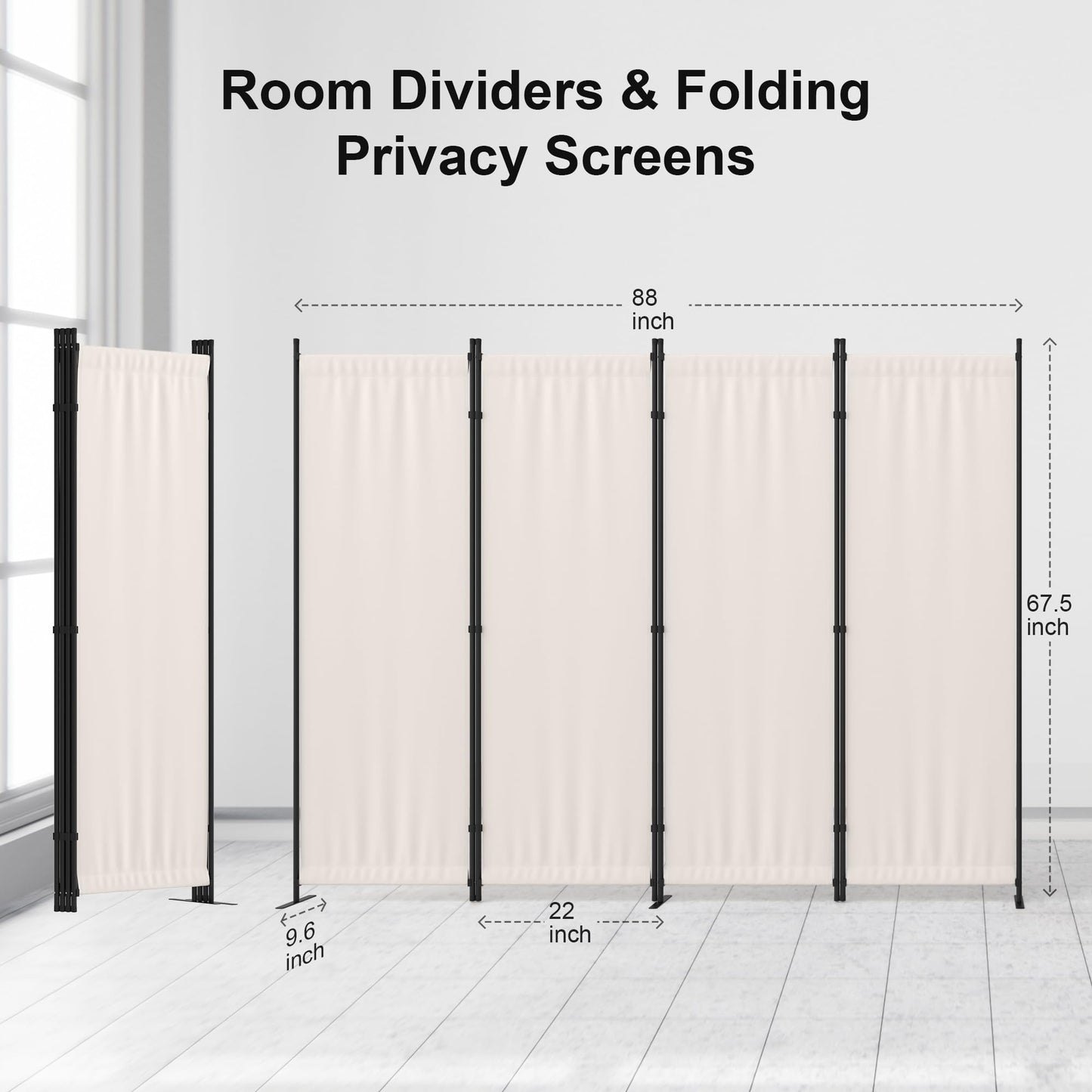 Kecreque Room Divider 4 Panel Partition Room Dividers & Folding Privacy Screens w/ 3 Metal Feet,88" W Portable Wall Doubles as a Dressing Screen Wall Divider for Office Bedroom Children's Room,White