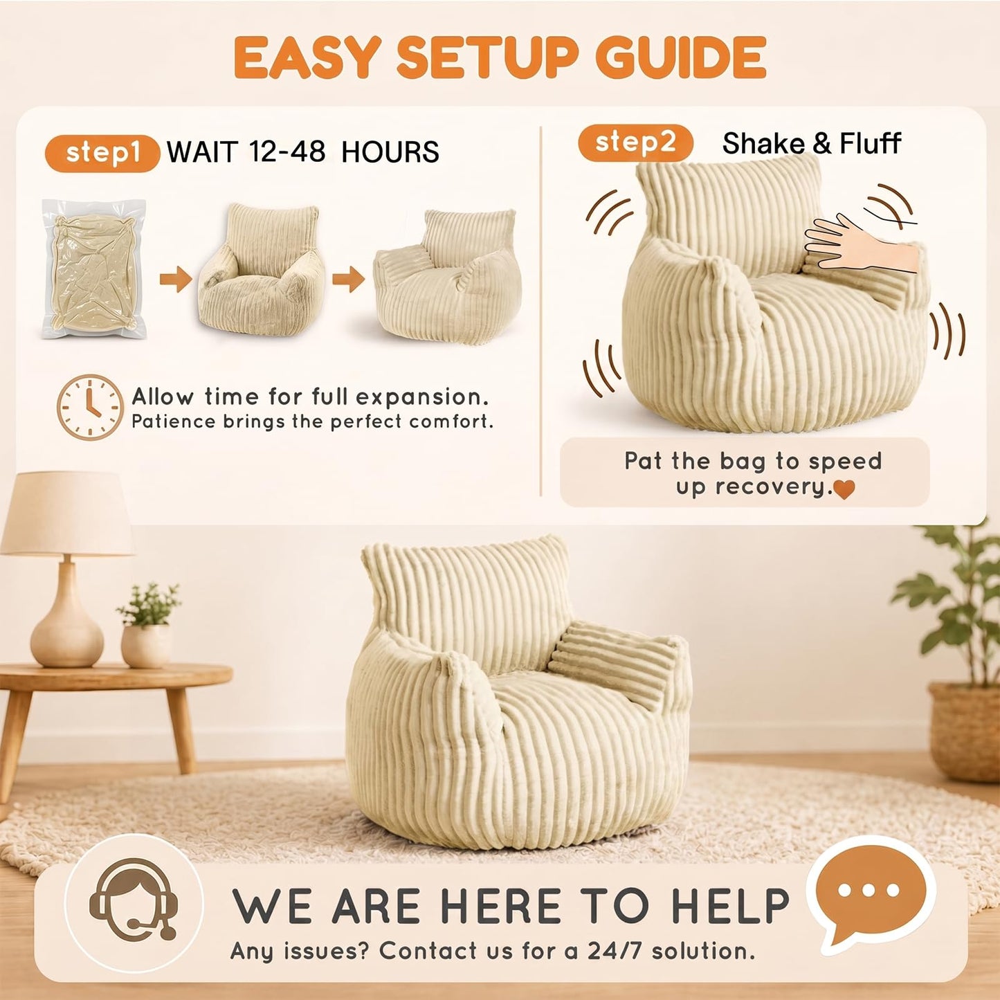 MaxiBean Bean Bag Chair - Plush Faux Fur Floor Seating Furniture Bean Bag Chair for Living Room, Bedroom, Playroom (2.5FT Stripe White)