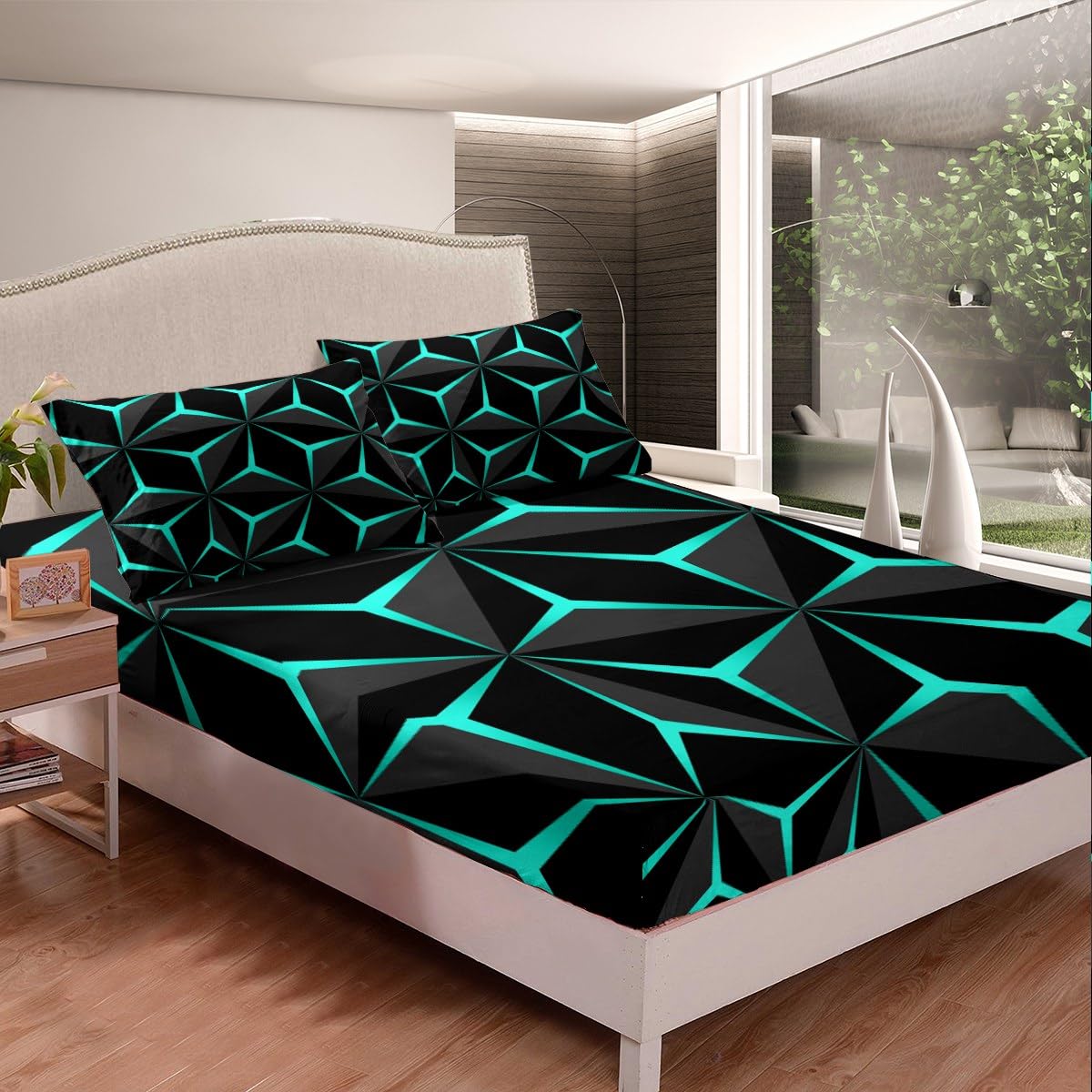 Feelyou Neon Honeycomb Sheet Set Twin Size,Geometric Stereoscopic Theme Teens Boys Bedding Set,Adults Bedroom Decoration 3D Teal Print Fitted Sheet All Season