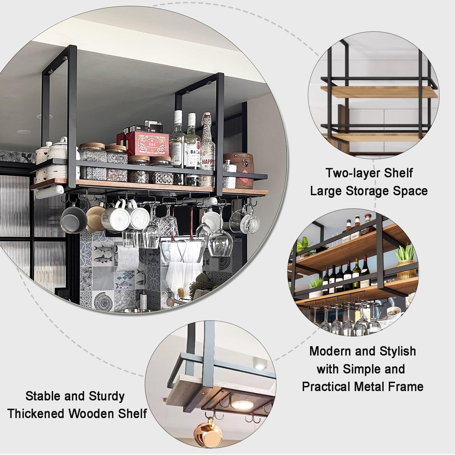 TATITZRO Wall Mounted Wine Rack Ceiling Bottle Shelf, Hanging Wine Glass Rack Floating Bar Shelves Flaoting Plant Display Storage Holder with Stemware Hanger for Bar Cafe Kitchen(60x30x80cm
