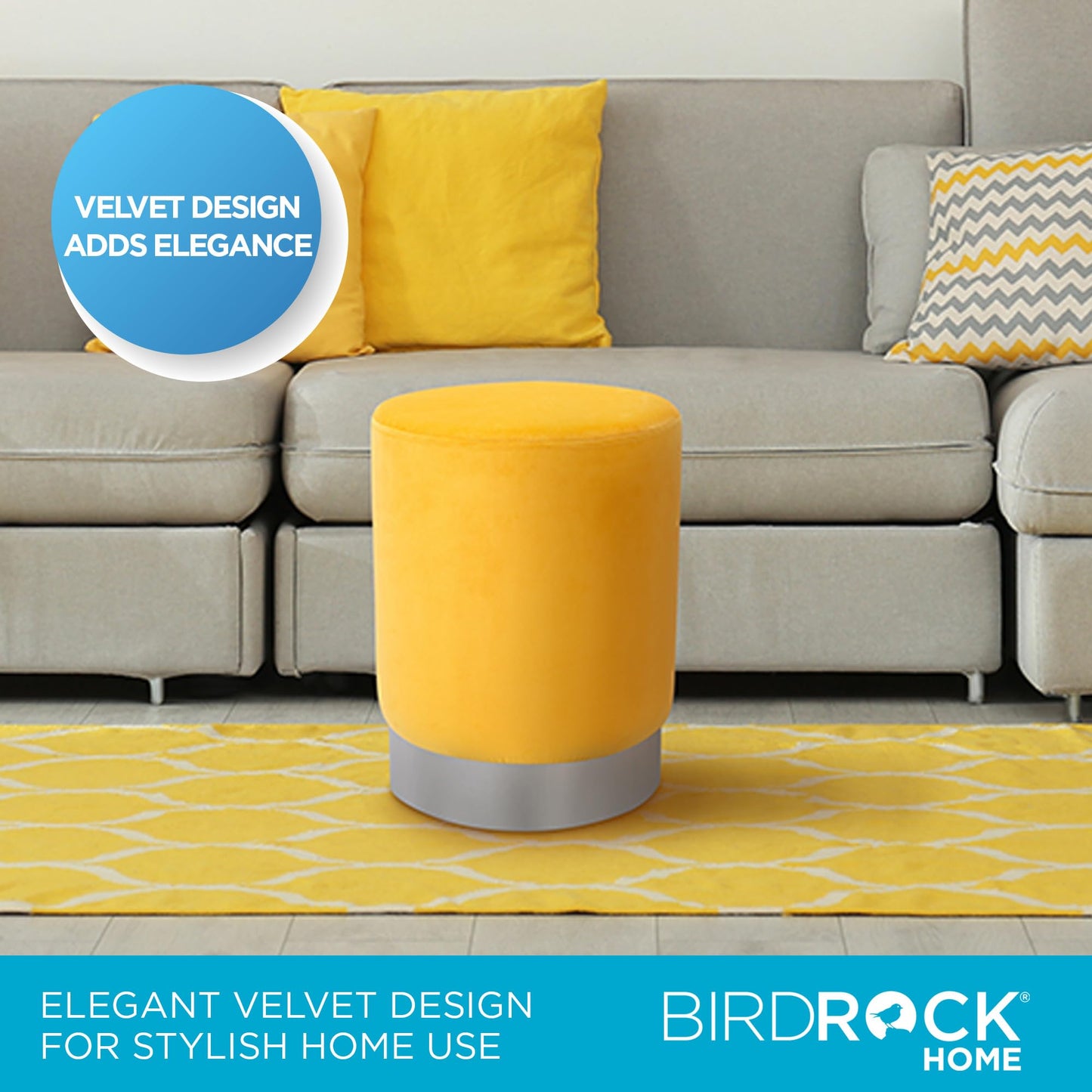 BIRDROCK HOME Round Ottoman Foot Stool – Modern Soft Padded Velvet Vanity Chair with Silver Metal Trim – Accent Chair or Foot Rest for Living Room, Bedroom, or Dressing Room (Yellow)