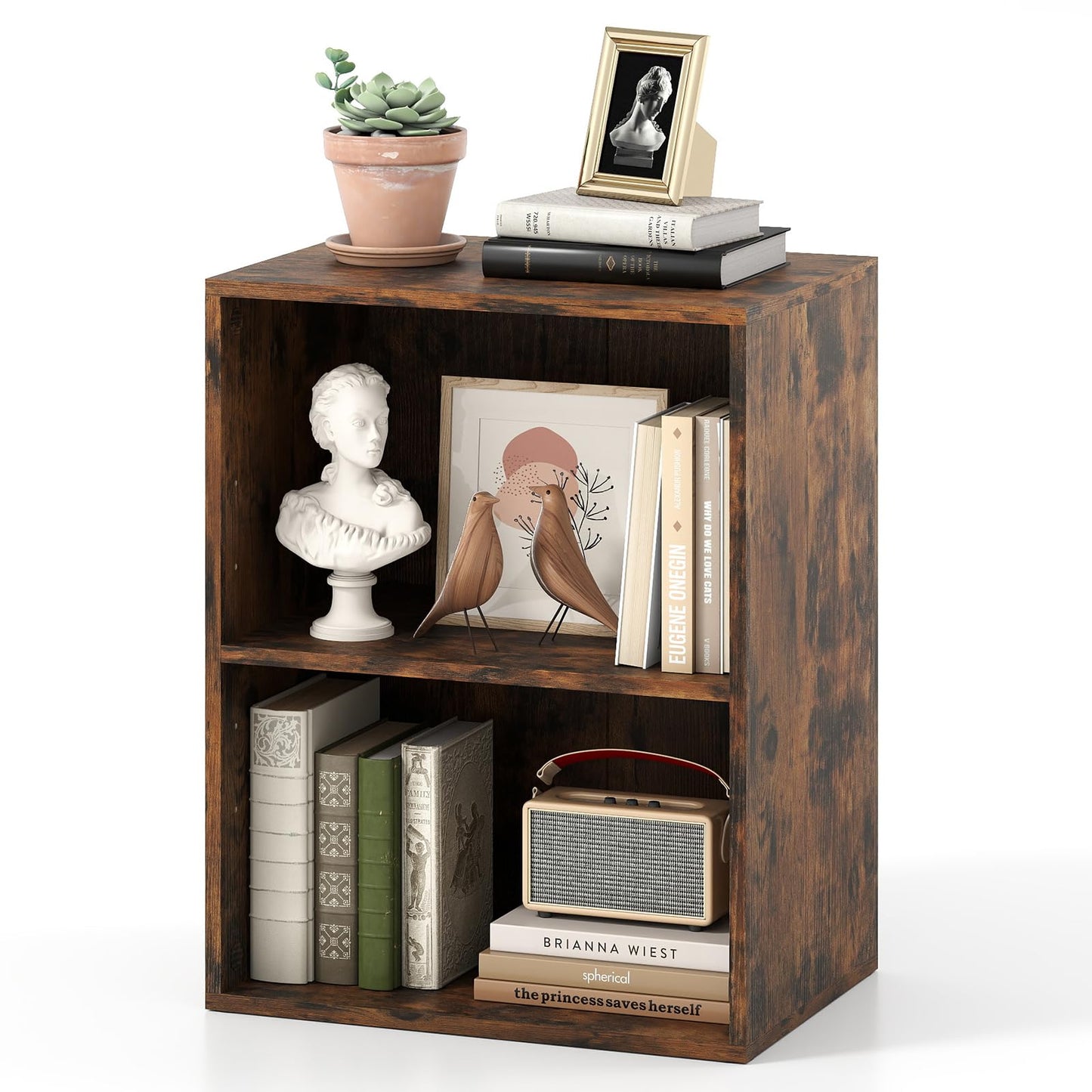Giantex 2-Cube Bookshelf and Bookcase, 2-Layer Storage Shelf w/Large-Capacity Open Storage Space for Living Room Bedroom Study Office, Multi-Functional Furniture Display Cabinet, Rustic Brown