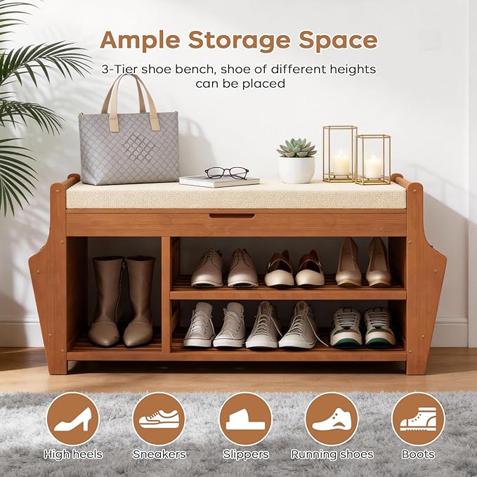 oakvivo 39.4in Shoe Bench with 2 Side Holder, 3 Tier Bamboo Entryway Bench with