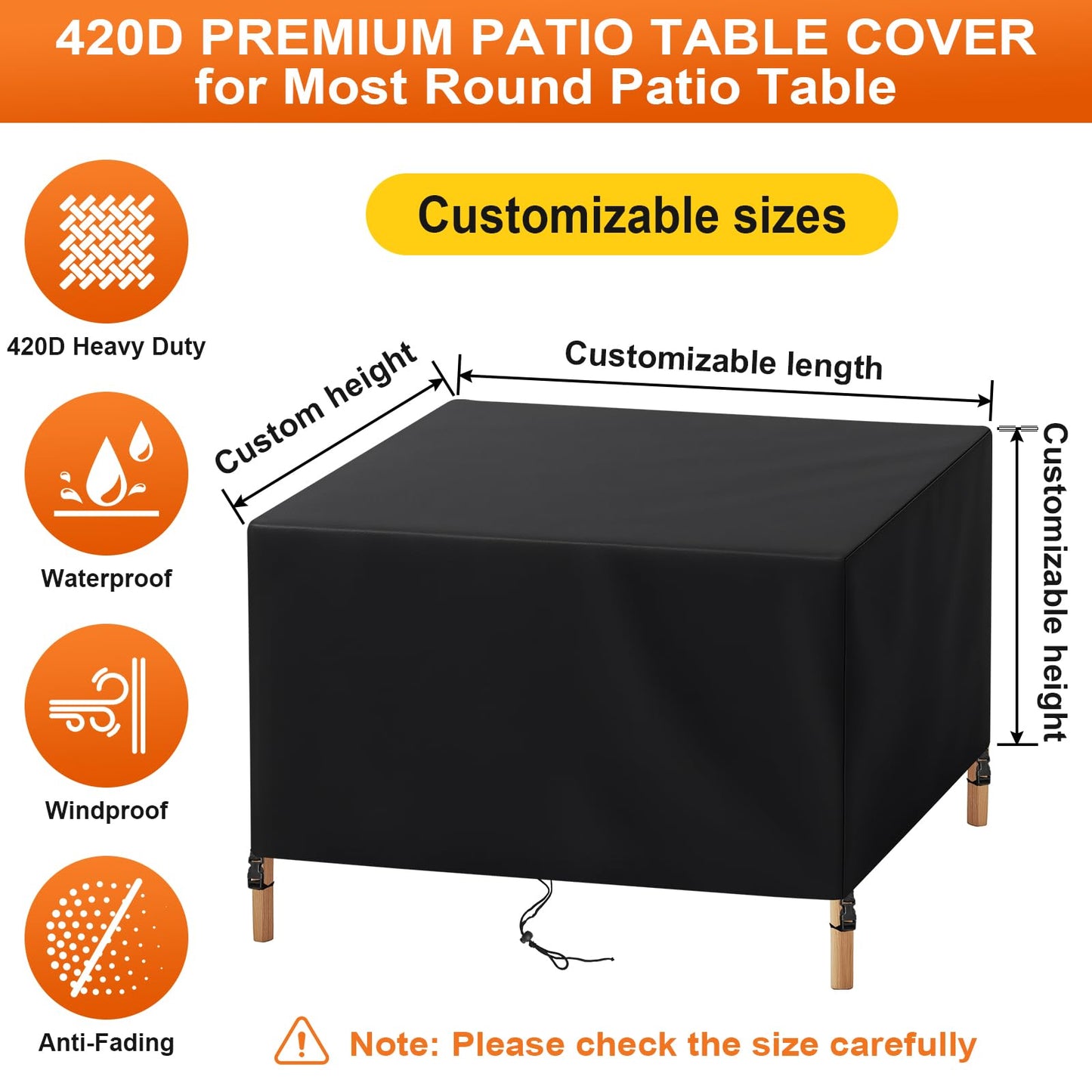 Cisvio Patio Furniture Cover Rectangle 111"(L) x 74"(W) x 30"(H), Custom Heavy Duty 420D Waterproof Outdoor Cover with Drawstring & Buckles for Table Chair Garden, Black
