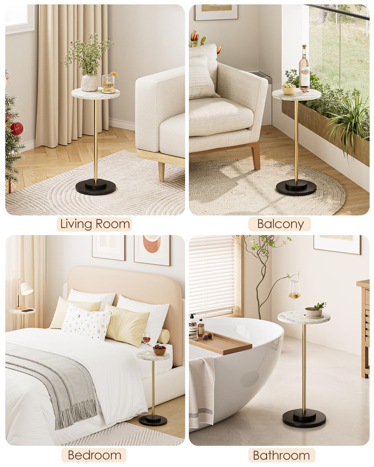 Round Side Table, Small Drink Table for Small Spaces, Modern Accent End Table with Metal Leg for Living Room, Bedroom, Corners, and Office (Marble)