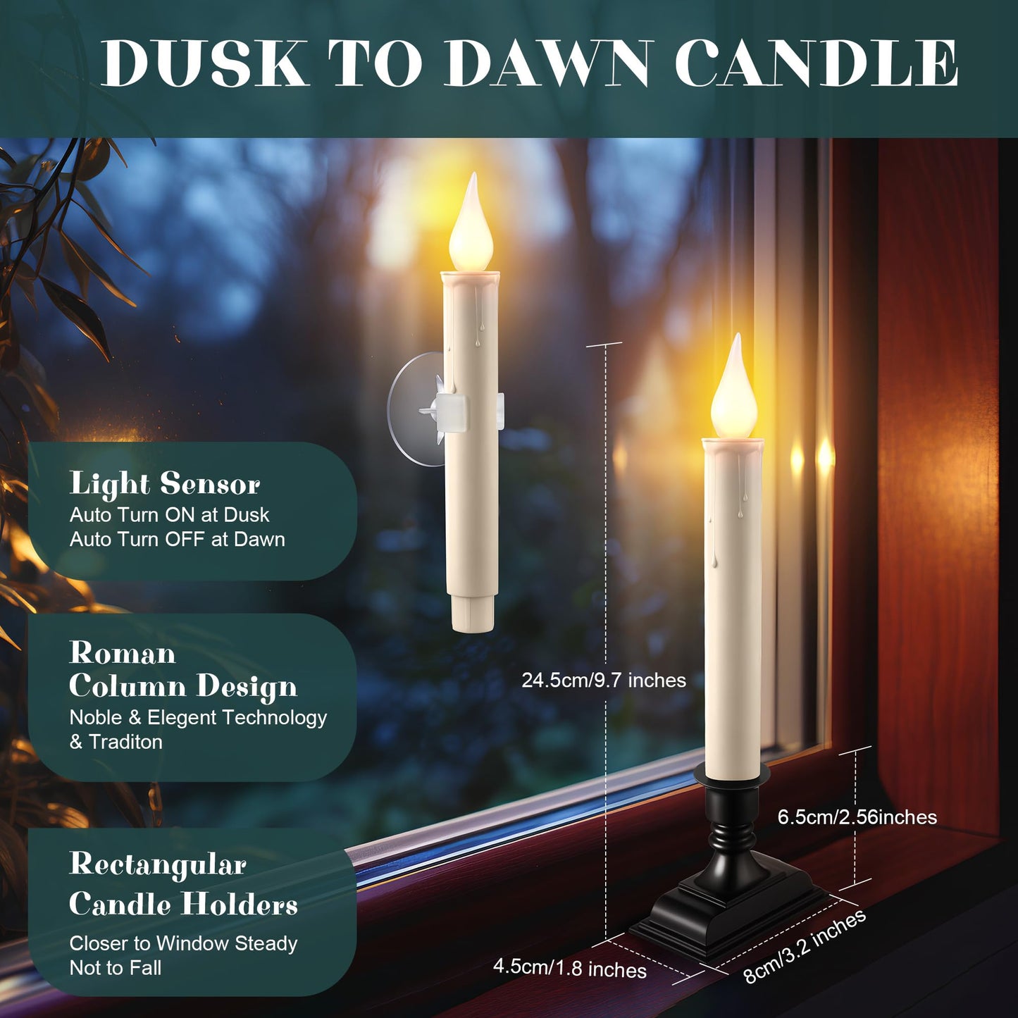 Enhon 18 Pack Battery Operated LED Window Candles, Dusk to Dawn Light Sensor, with Black Holders and Suction Cups, Ivory Christmas Window Candles, Amber Flicker Flame (Batteries AA Included)