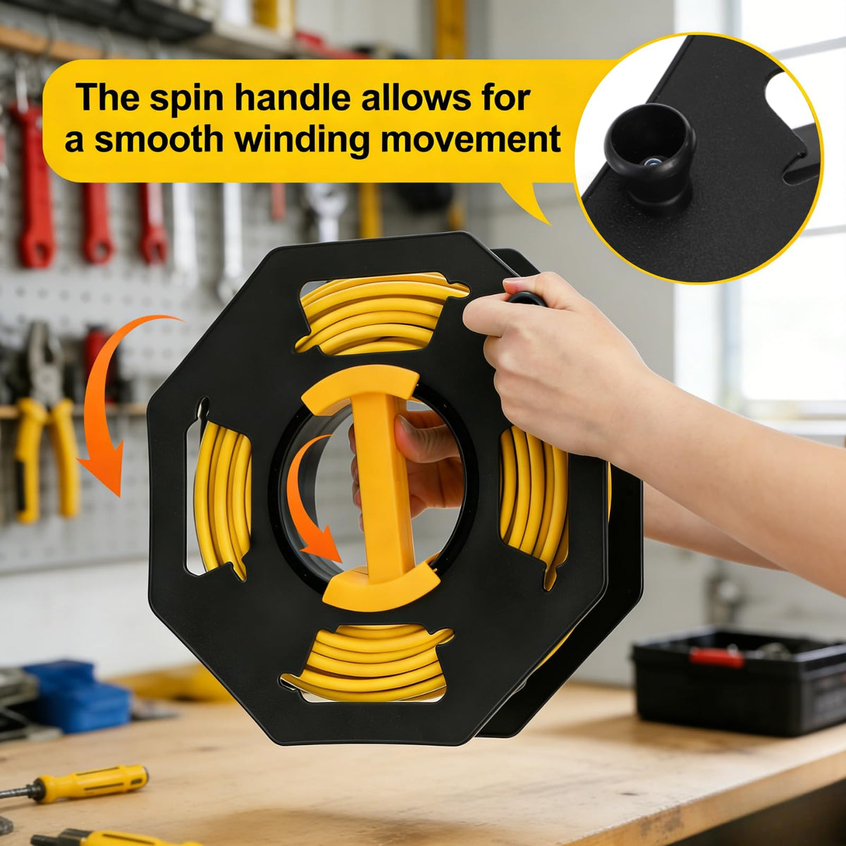 Hacaroa Cord Storage Reel with Center Spin Handle, Plastic Extension Cord Winder Manual Cable Holder Organizer Tangle-free for RVs, Network Cables, Pet Leashes, Black