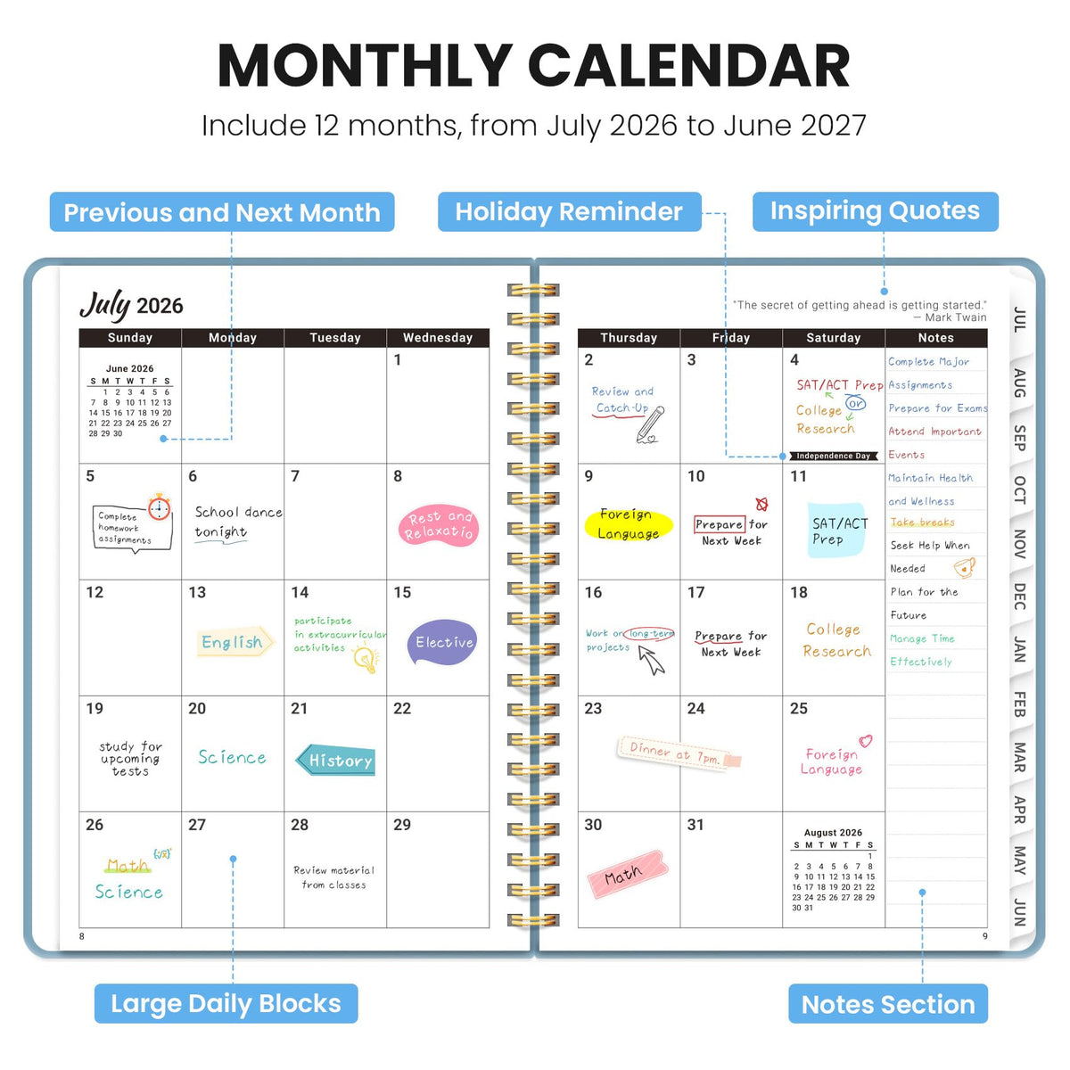 Academic Planner 2026-2027, Monthly and Weekly Calendar Planner, July 2026 - June 2027, Pretty Hardcover Teacher Student Planning Agenda Book with Tabs, Fit for School Office Supplies, 6.3" x 8.5", Spring Lattice