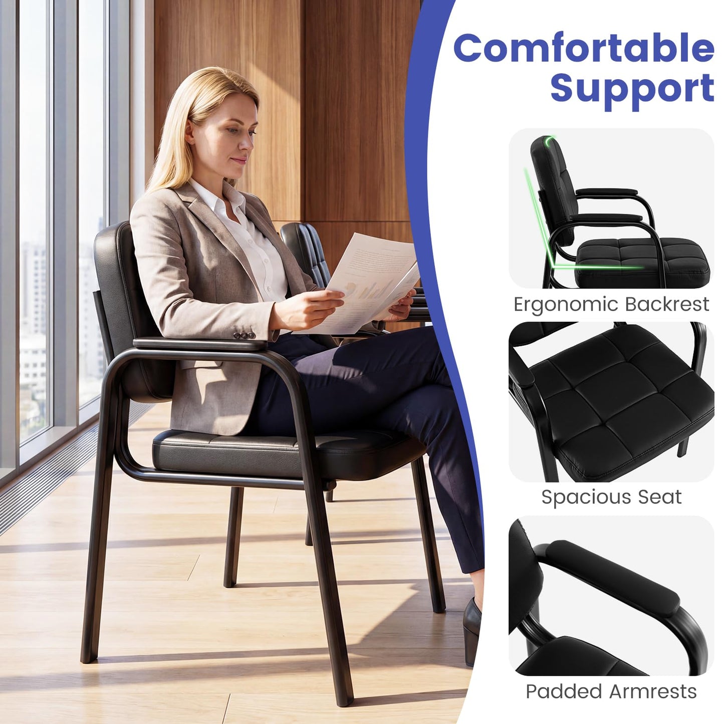 Giantex Waiting Room Guest Chairs Set of 2, Leather Office Reception Chairs with Padded Armrests, Metal Frame, Stationary Side Chairs No Wheels for Conference Meeting Lobby Home, Black