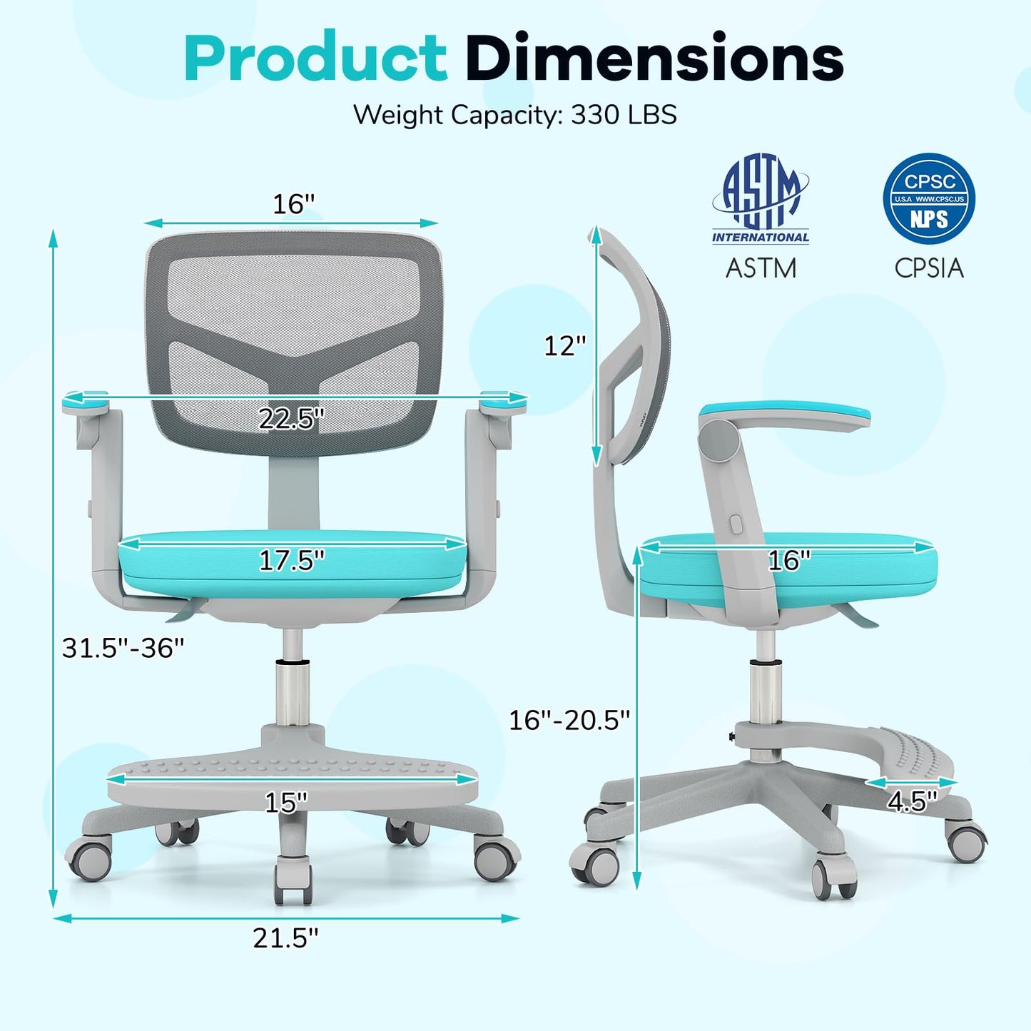 Costzon Kids Desk Chair, Student Ergonomic Computer Chair with Wheels, Footrest, Adjustable Height, Flip-up Armrests & Soft Removable Cushion, Swivel Rolling Kids Office Chair for 3-15 (Green)