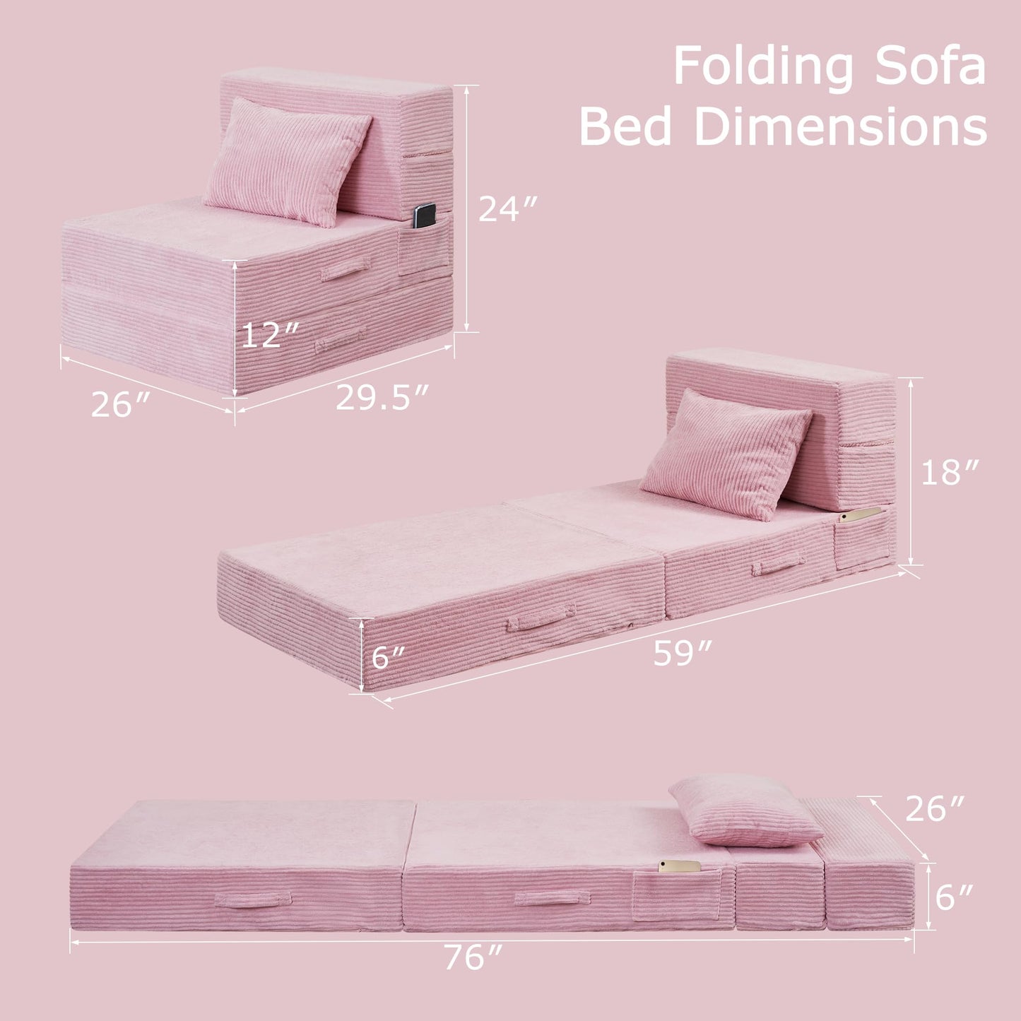 HILERO Folding Sofa Bed, 4 in 1 Convertible Sleeper Chair with Pillow, Single Memory Foam Fold Out Chair Bed, Modern Floor Futon Sofa Couch Mattress for Living Room/Guest/Apartment, Pink