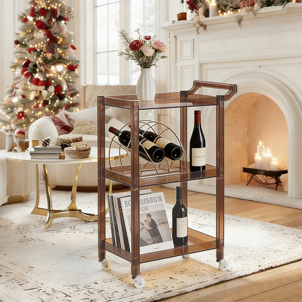 Dachsy Acrylic-Style Utility Rolling Cart, 3-Tier Clear Storage Cart with Pulling Handle & 4 Wheels for Kitchen Living Room Dining Bathroom Laundry, Multifunction Serving Trolley (Transparent)