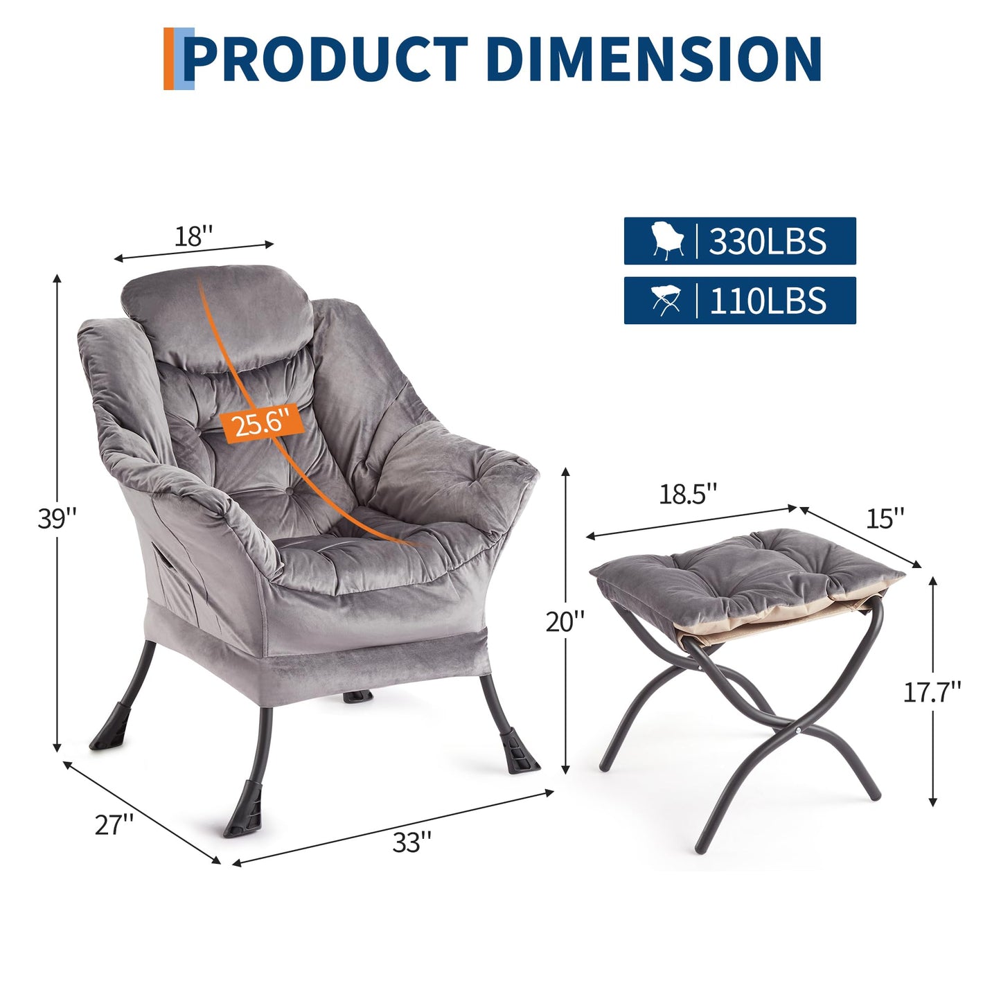 GarveeHome Lazy Chair with Ottoman, Modern Lounge Accent Chair, Leisure Sofa Armchair with Footrest, Reading Armchair with Side Pocket for Living Room, Bedroom, Dorm & Office (Dark Grey, 1PCS)