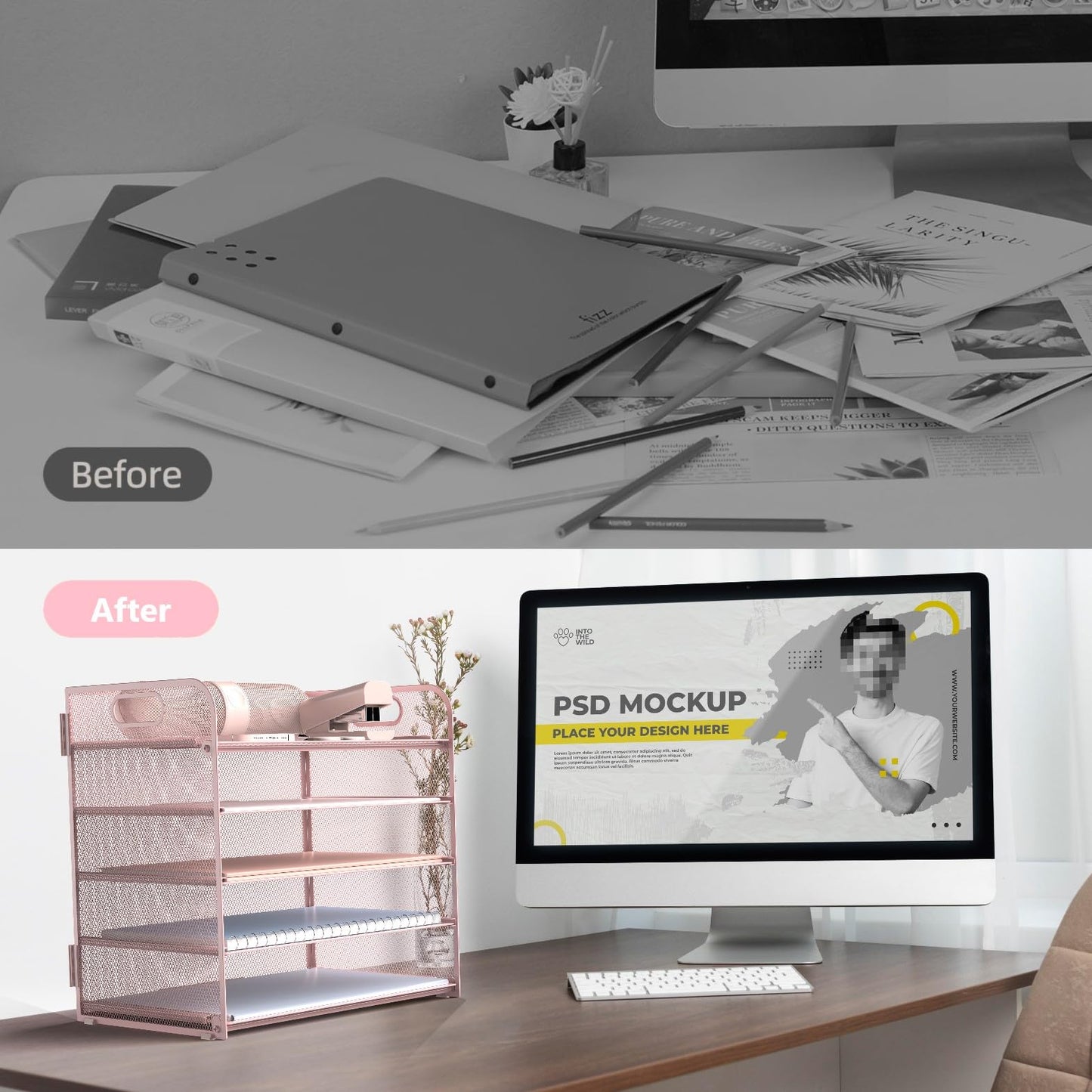 Sinboun Letter Tray Paper Organizer 5-Tier Desk Organizer File Organizer Paper Holder with Handle, Metal Desktop Document Shelf Tray Office Classroom Organization - Pink, PK5CENGTISHOU