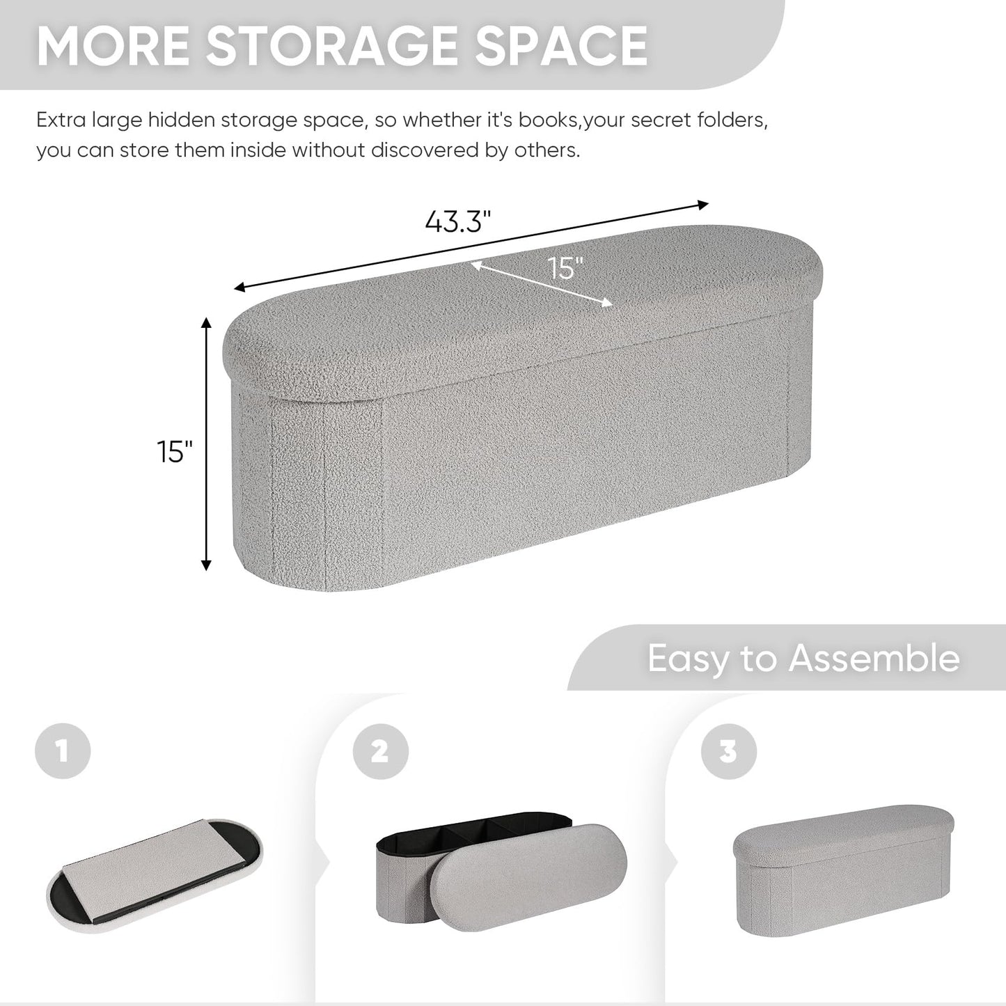 B FSOBEIIALEO Ottoman with Storage for Living Room, Sherpa Folding Storage Ottoman Foot Rest, 43.3 Inches Collapsible Bedroom Bench Grey
