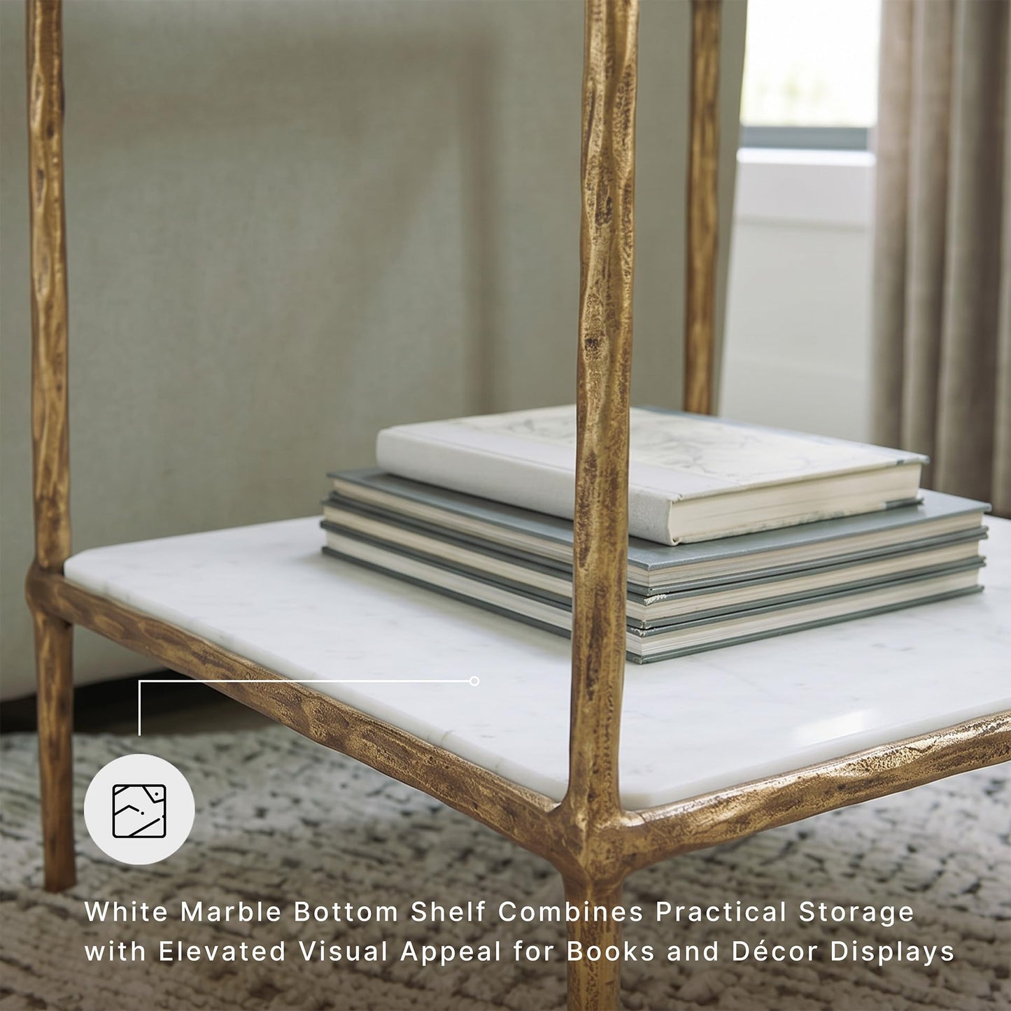Signature Design by Ashley Ryandale Square Accent Table for Living Room, Sand‑Casted Aluminum Frame With Brass Finish, Glass Top and White Marble Shelf, 21" Size