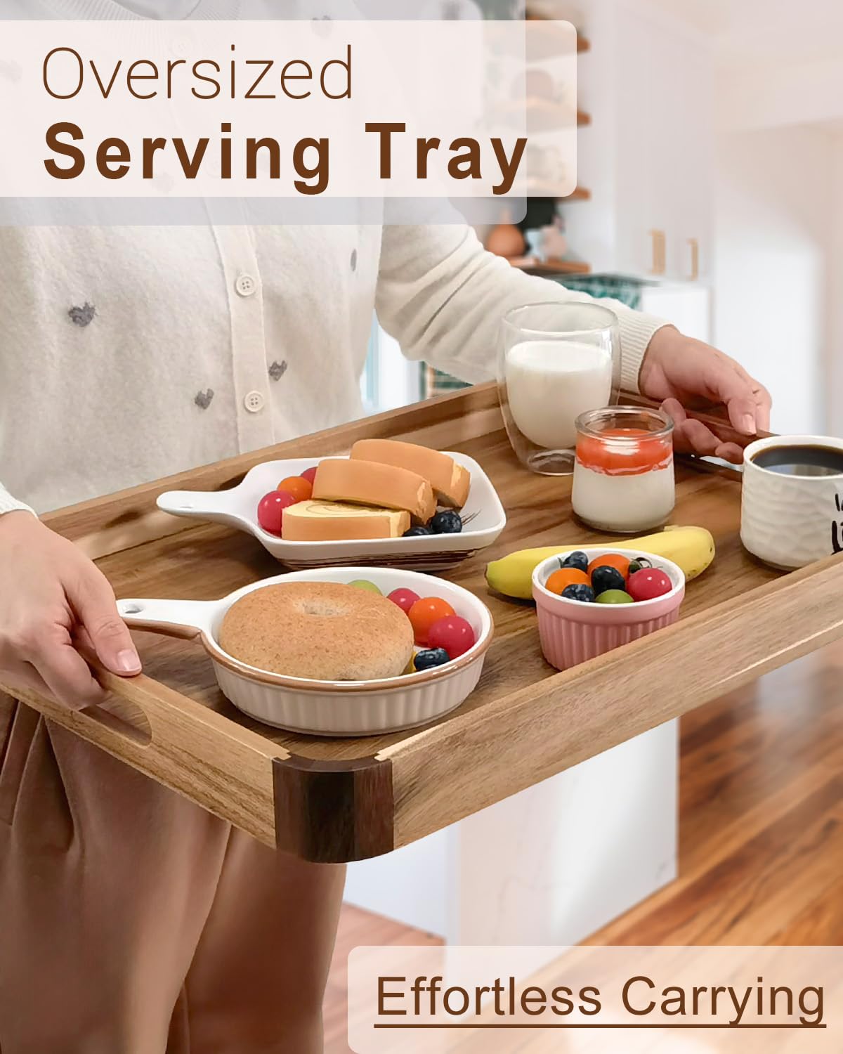 22 inches Acacia Wood Ottoman Serving Tray with Handles & Rounded Corners