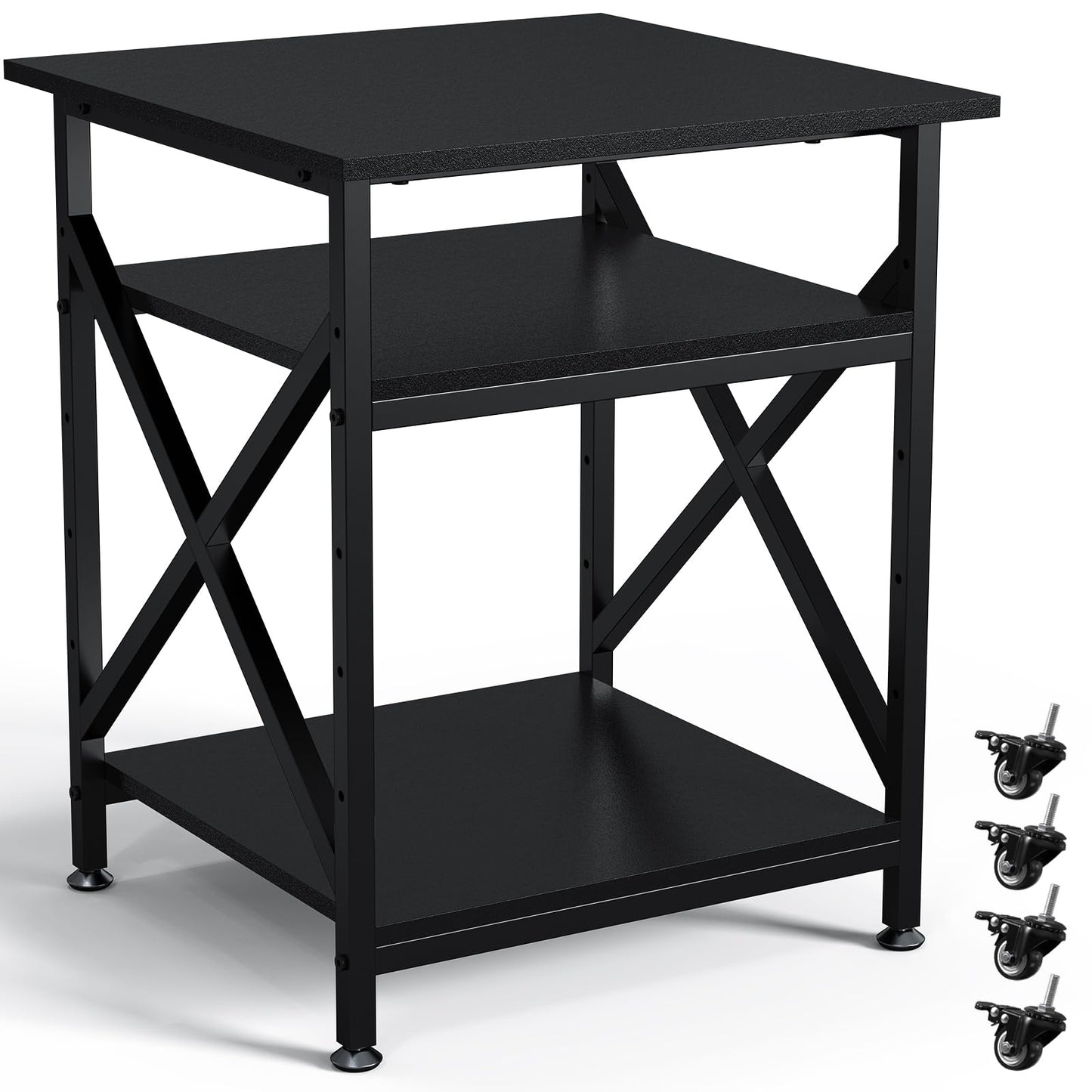 Ollieroo 3 Tier Printer Stand, Large Table with Wheels, Rolling Cart with Height Adjustable Middle Storage Shelf, 23.6 x 23.6 x 30.3 Inches Shelf for Home Office, Black