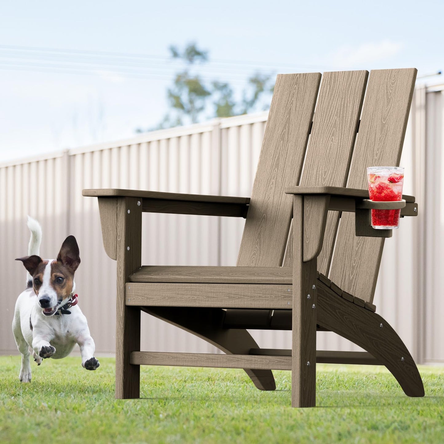POLYDUN Modern Adirondack Chair, HDPE Plastic Patio Chairs for All Weather, Fire Pit Chair, Outdoor Lawn Chairs for Deck, Porch, Backyard, Garden, Weathered Wood