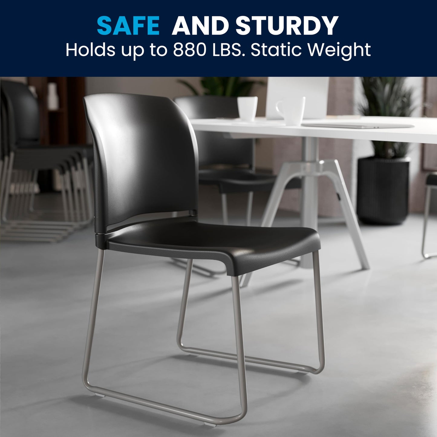 Flash Furniture HERCULES Series 880 lb. Capacity Black Full Back Contoured Stack Chair with Gray Powder Coated Sled Base