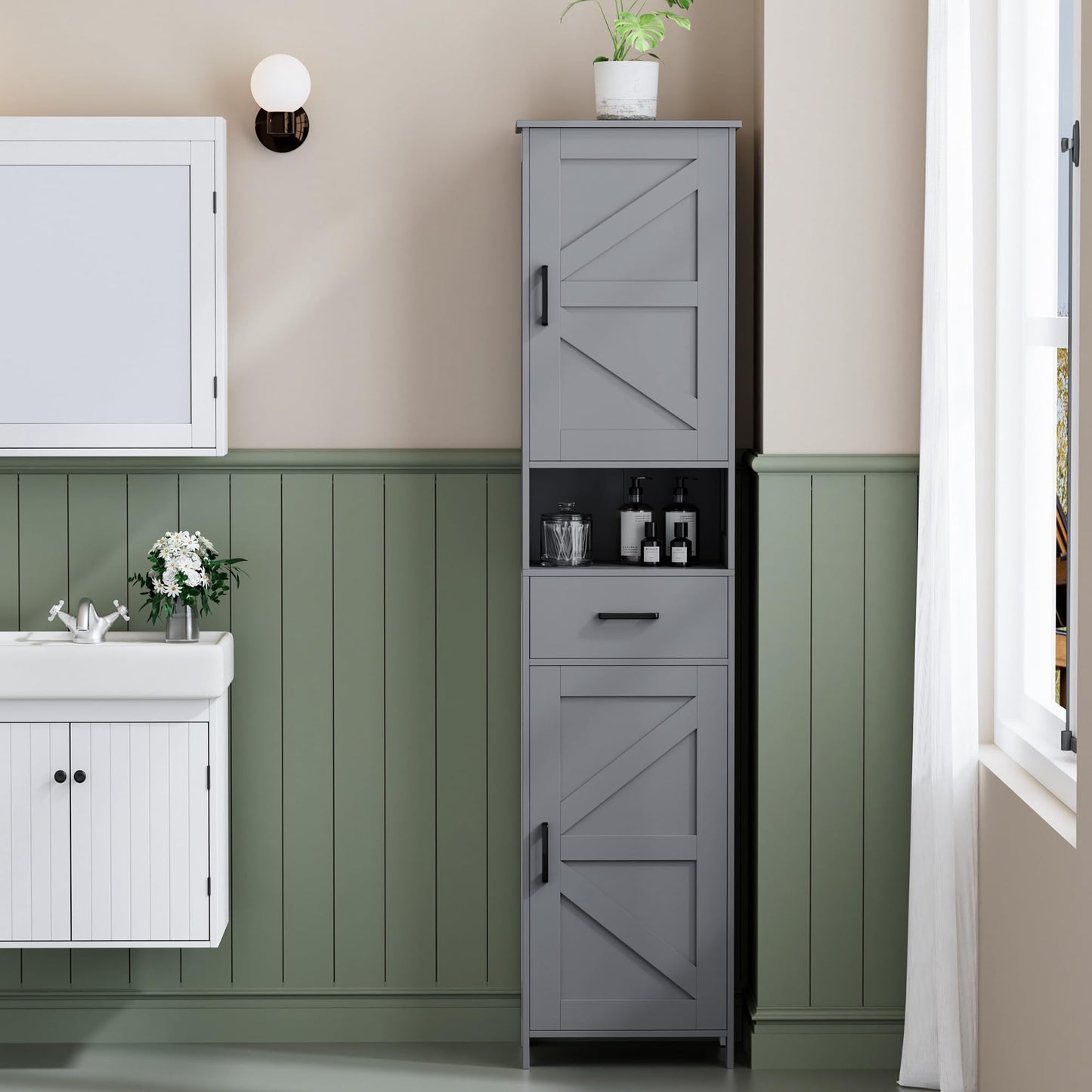 Homhedy 67" H Tall Bathroom Storage Cabinet with 2 Barn Doors and 1 Drawer, Narrow Storage Unit, Adjustable Shelves, Floor Cabinet for Bathroom, Living Room, Entryway, Kitchen, Gray, (15.7" W)