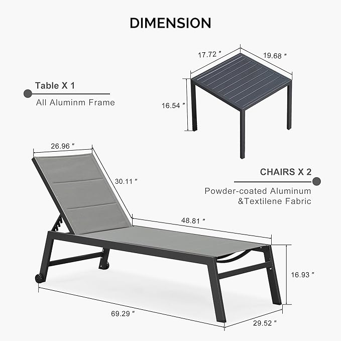 PURPLE LEAF Extra Large Outdoor Chaise Lounge 4 Pieces Aluminum Patio Lounge