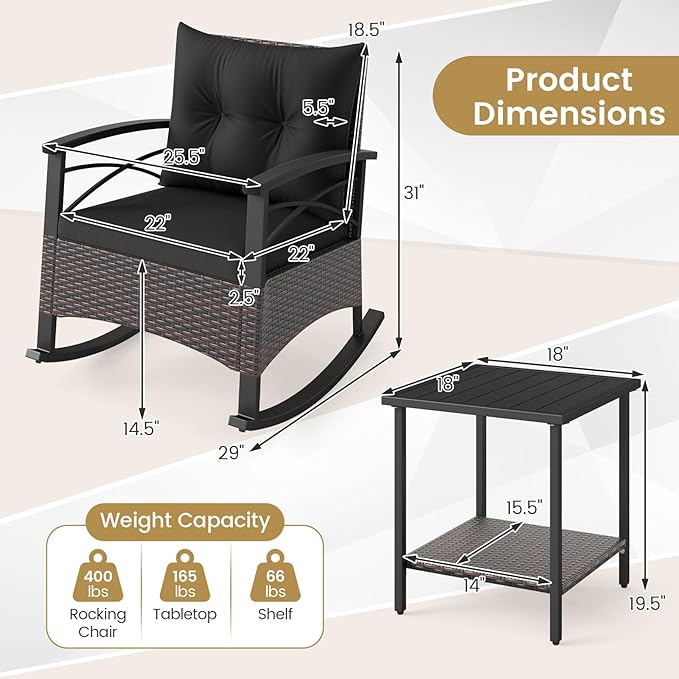 Tangkula 3 Piece Rattan Rocking Chair Set, Patio Rocker Bistro Set