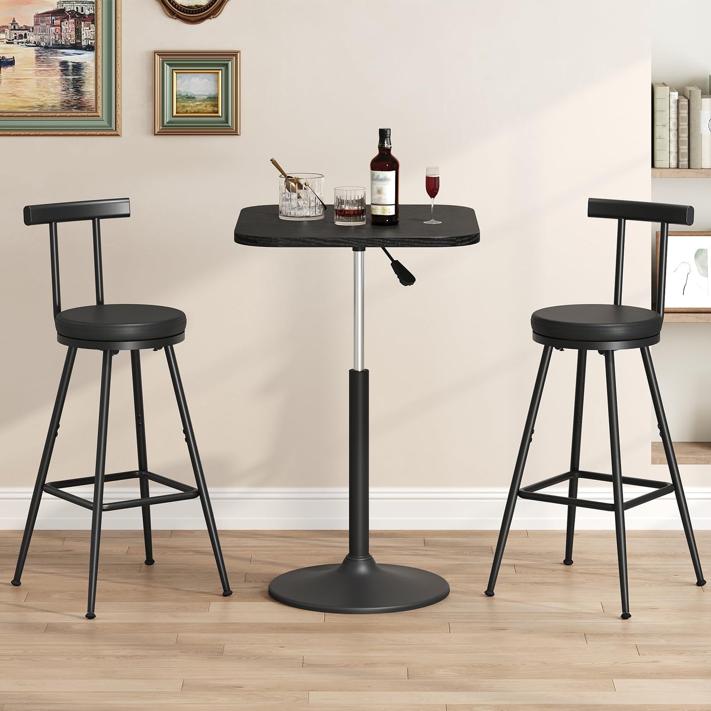 MAHANCRIS Bar Stools, Set of 2 PU Upholstered Bar Stools, Bar Chairs with Backrest and Footrest, Kitchen Stools with Adjustable Feet, Comfort PU Seat for Home Bar, Kitchen Island, Black BABK60R01