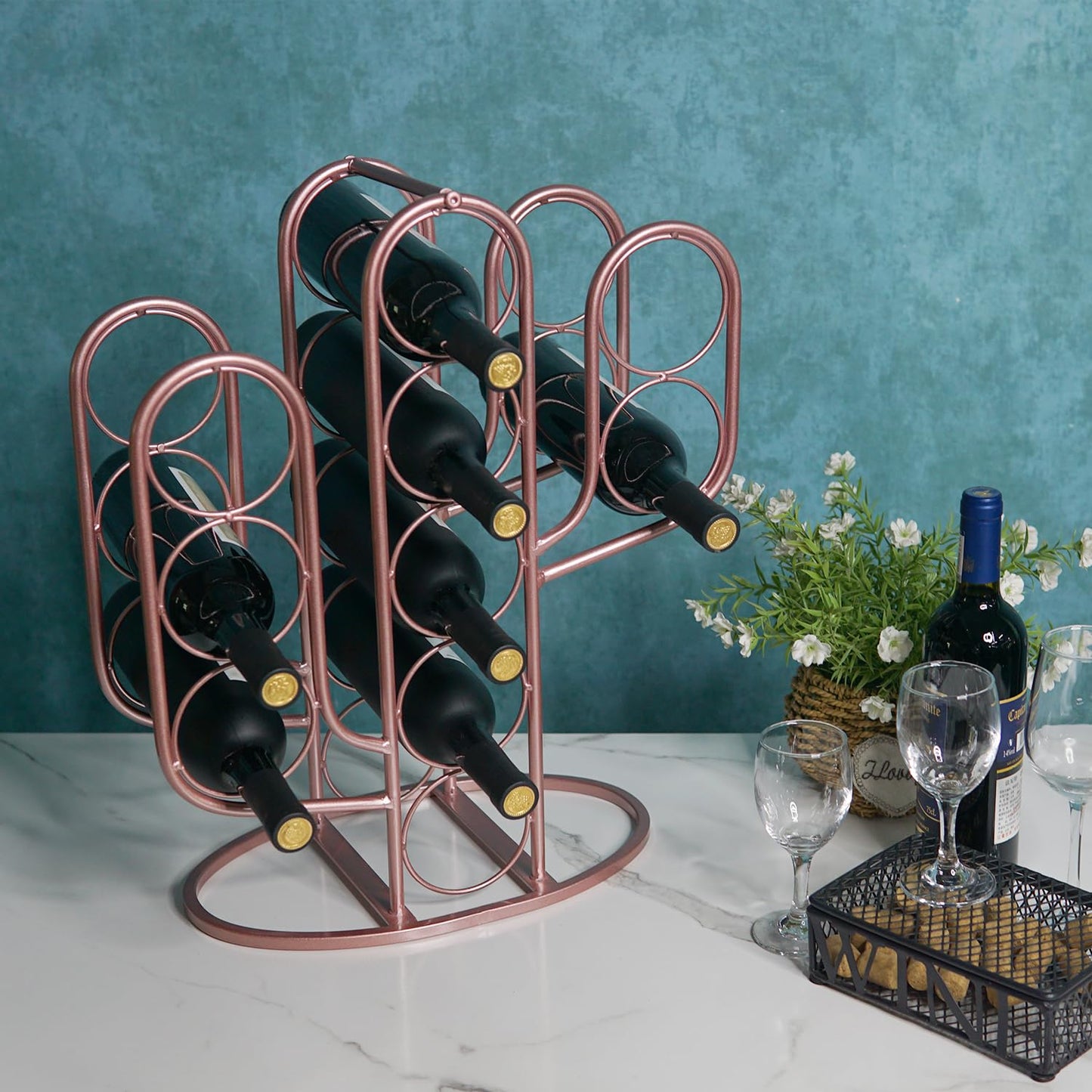 Mandaiter 10 Bottles Wine Rack, Decorative Metal Cactus Wine Holder Storage for Countertop, Desktop Wine Bottle Display Rack for Home, Kitchen, Bar, Cellar (Golden)