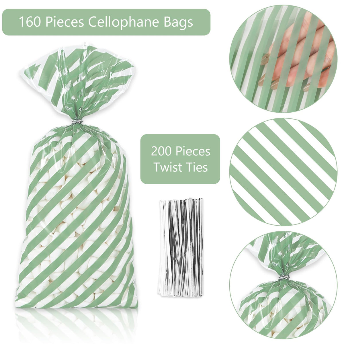 Whaline 160 Pcs Sage Green Cellophane Treat Bags Stripe Wave Dot Plastic Gift Bags Candy Goodie Bag with Twist Ties for Wedding Baby Shower Birthday Party Cookie Snack Packing Supplies, 5.1 x 10.6 Inch