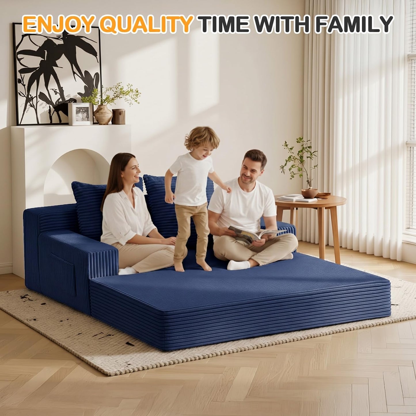 Erament Boneless Loveseat Convertible Sofa Bed, Folding Floor Futon Sleeper Sofa Couch Bed- Boneless Foldable Couch, Corduroy Pull Out Sofa Bed with 2 Pillows for Living Room & Bedroom