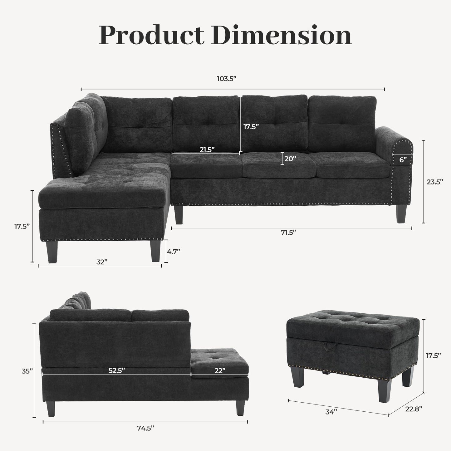 Trygoal 97.5" L Shaped Couches for Living Room, Sectional Couch Living Room Furniture with Storage Ottoman, Modular Sectional Sofa with Movable Chaise for Apartment Office, Black