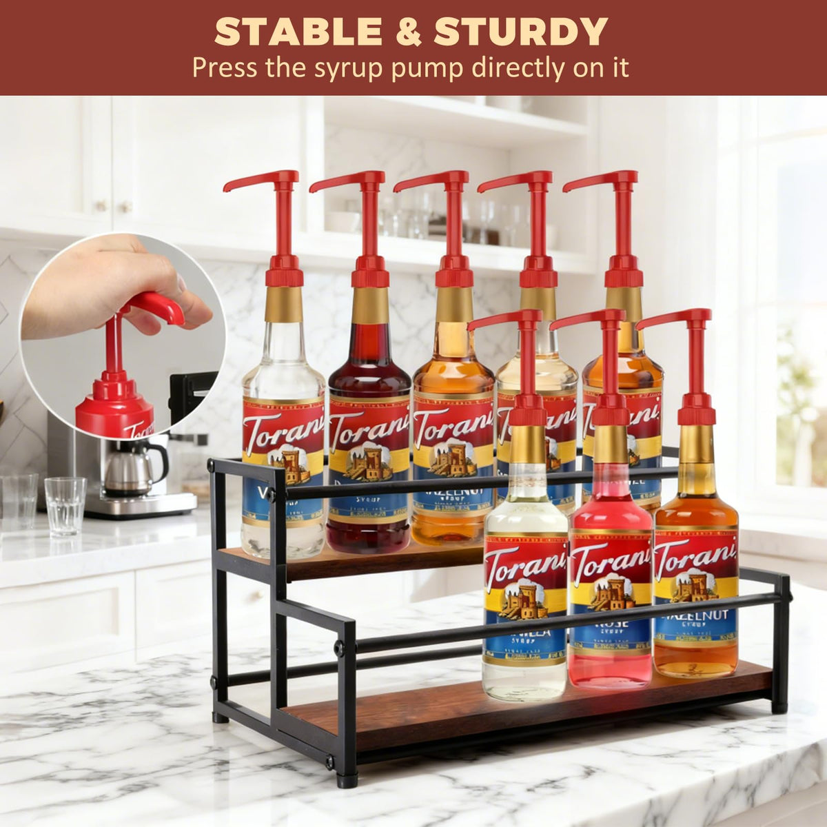 HRUSGO Coffee Syrup Rack Organizer - Metal Bottle Holder for 10 Bottles – Rustic Countertop Display Shelf for Coffee Bar, Kitchen Cabinet, Pantry Storage for Syrups, Liquor, Spice, Tea & Wine (2-Tier)